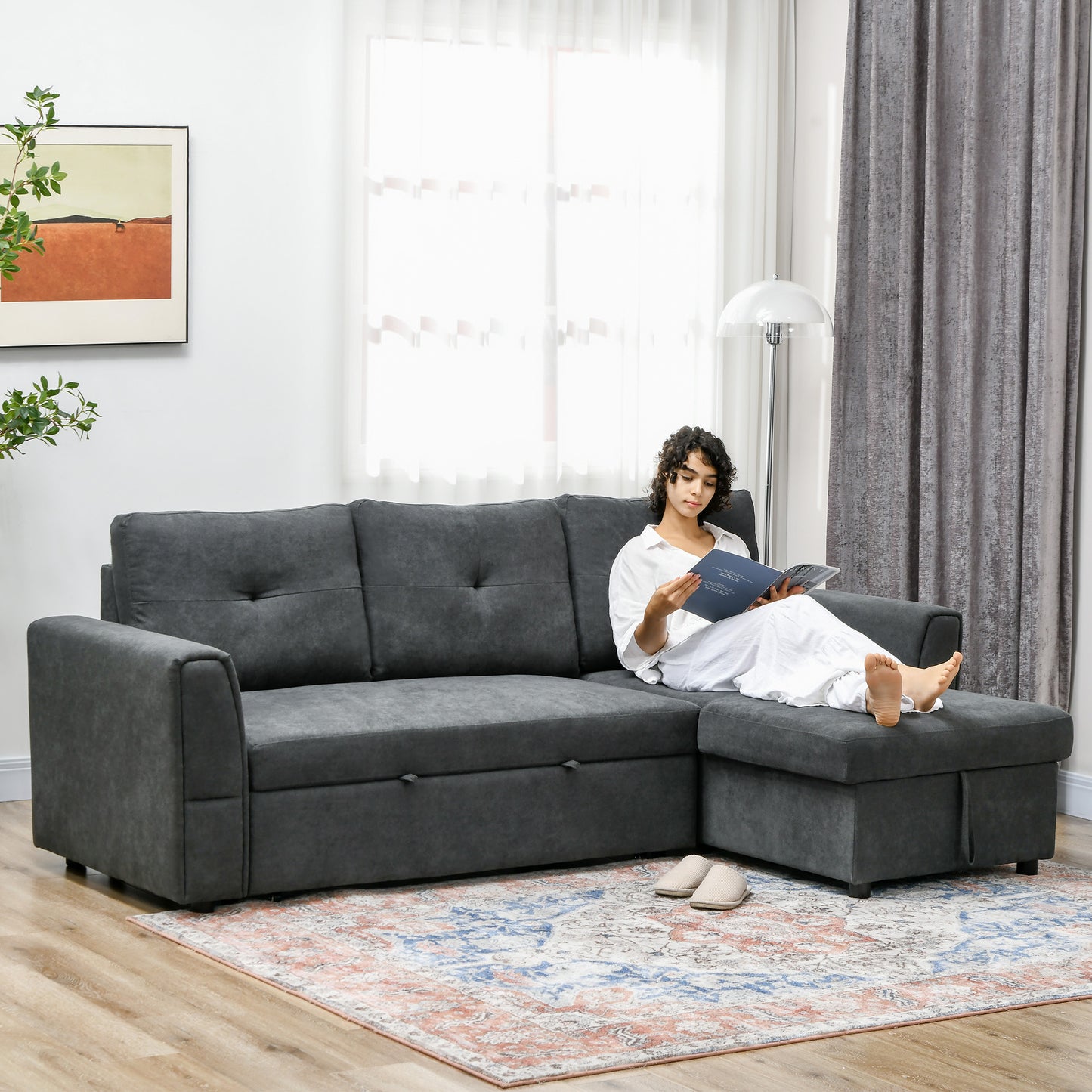 HOMCOM 3 Seater Sofa Bed, L-Shaped Corner Sofa, Pull Out Sofa with Storage Dark Grey