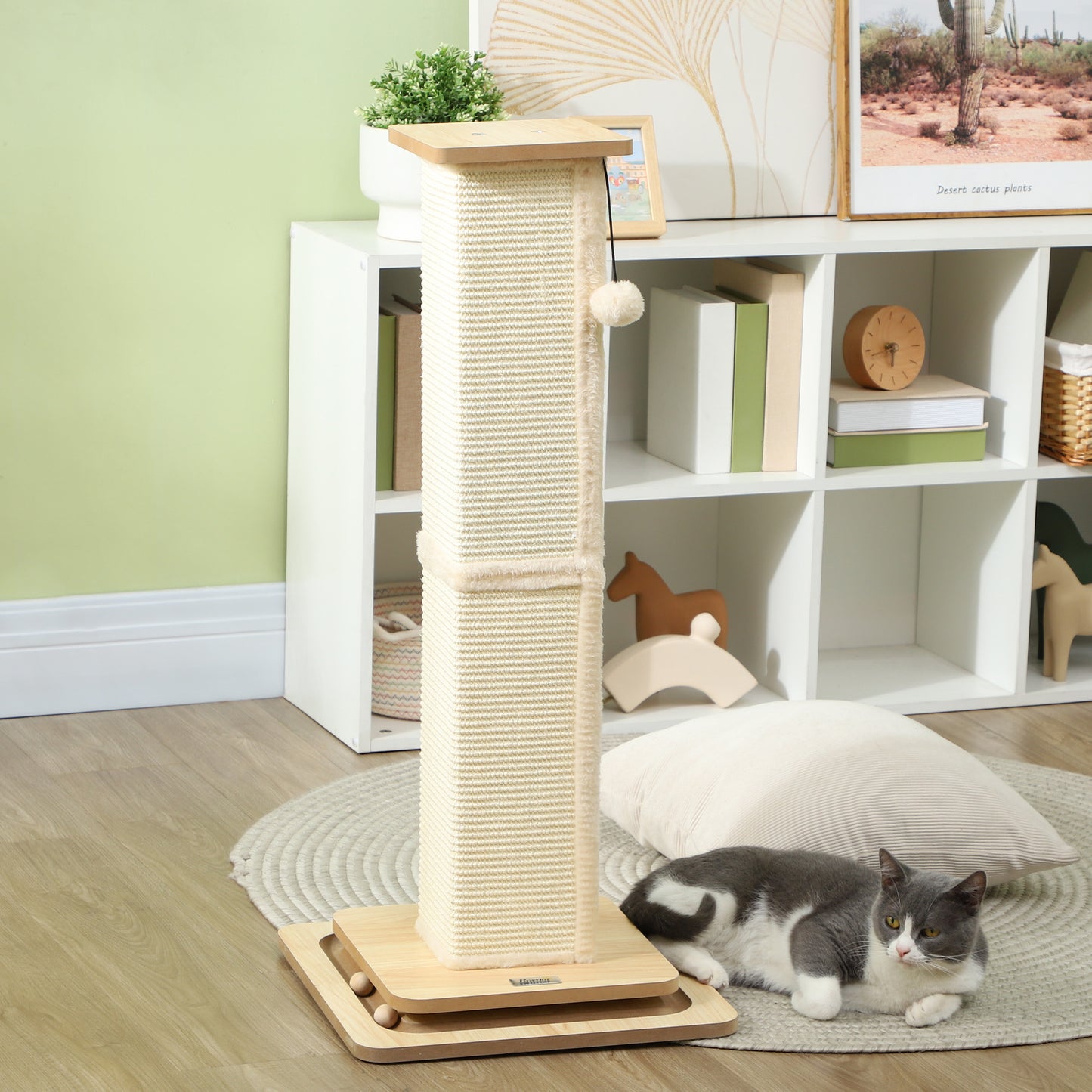 PawHut 3 in 1 Cat Scratching Post, 87cm Cat Scratcher w/ Track Ball Toy, Oak