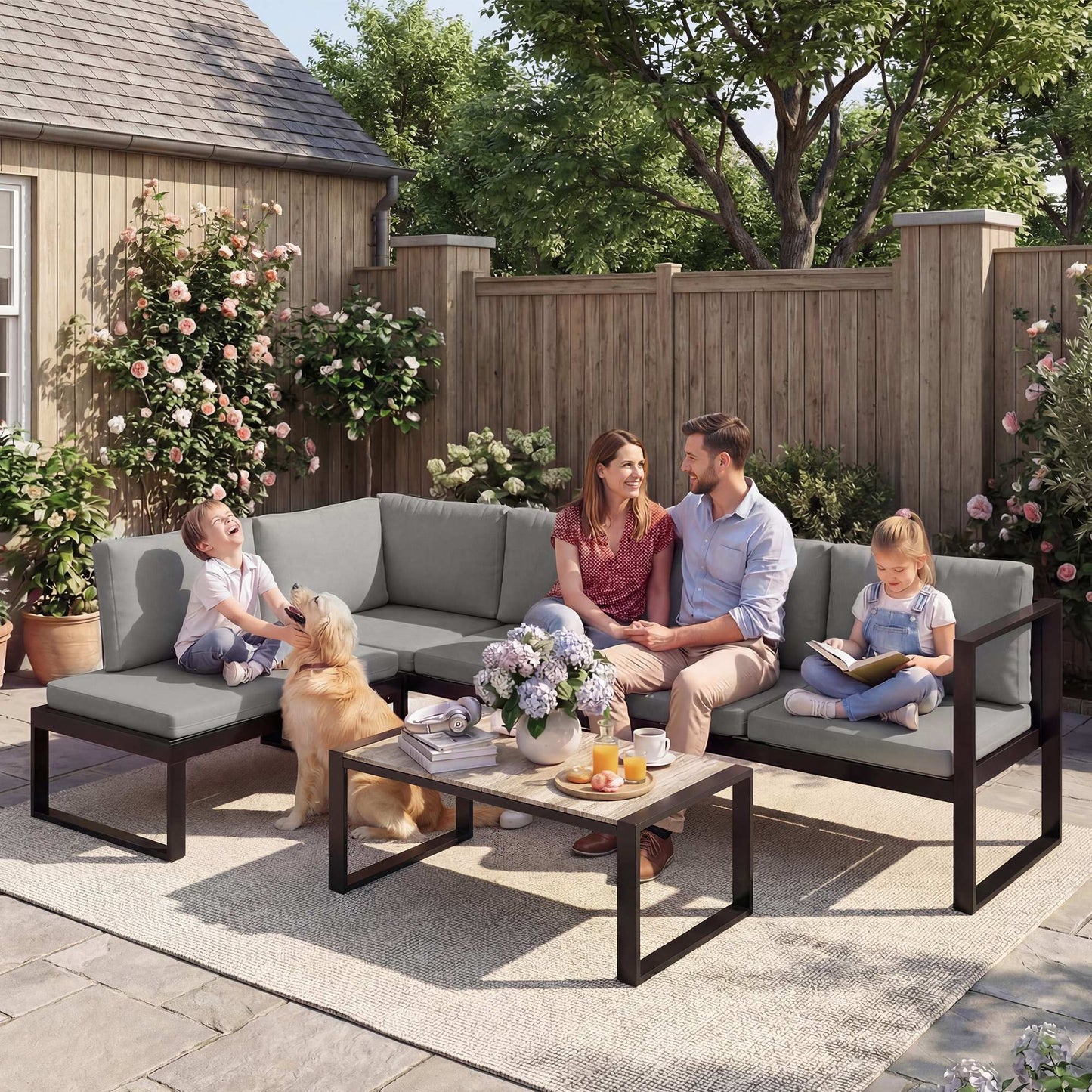 Outsunny 4 Piece Garden Furniture Set, Garden Sofa Set with 2 Loveseats, Armless Chair, Coffee Table for Balcony, Dark Grey