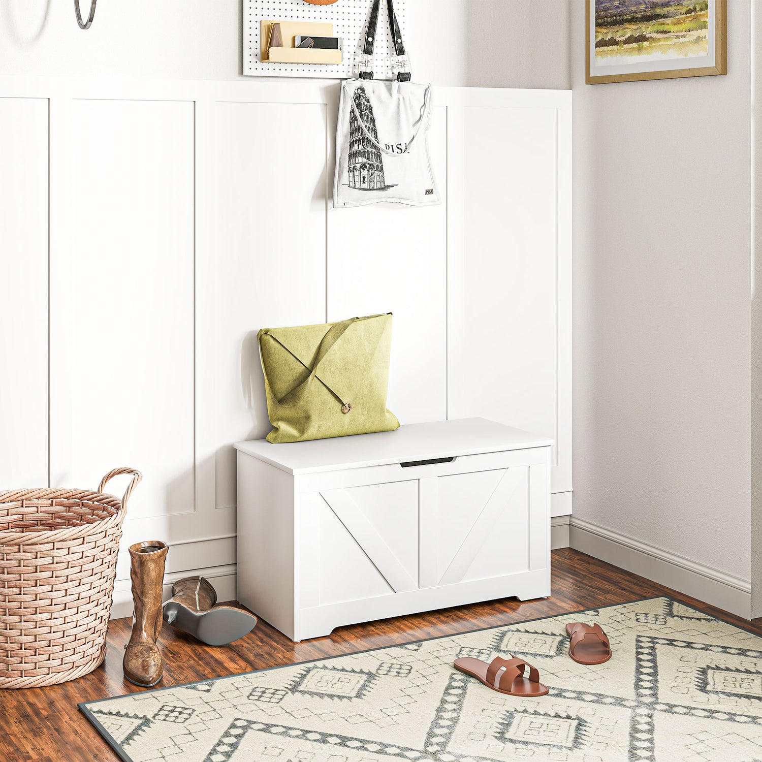 Homcom Storage Box HOMCOM 100L Home Storage Box, with Safety Hinges - White Wood-Effect ...
