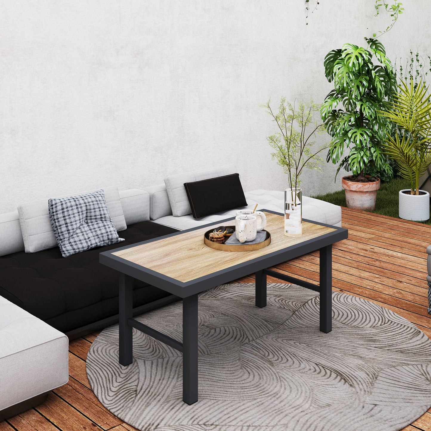 Outsunny Metal Garden Coffee Table, Outdoor Side Table with SPC Woodgrain Tabletop, 100 x 53 x 46cm, Brown Wood Effect