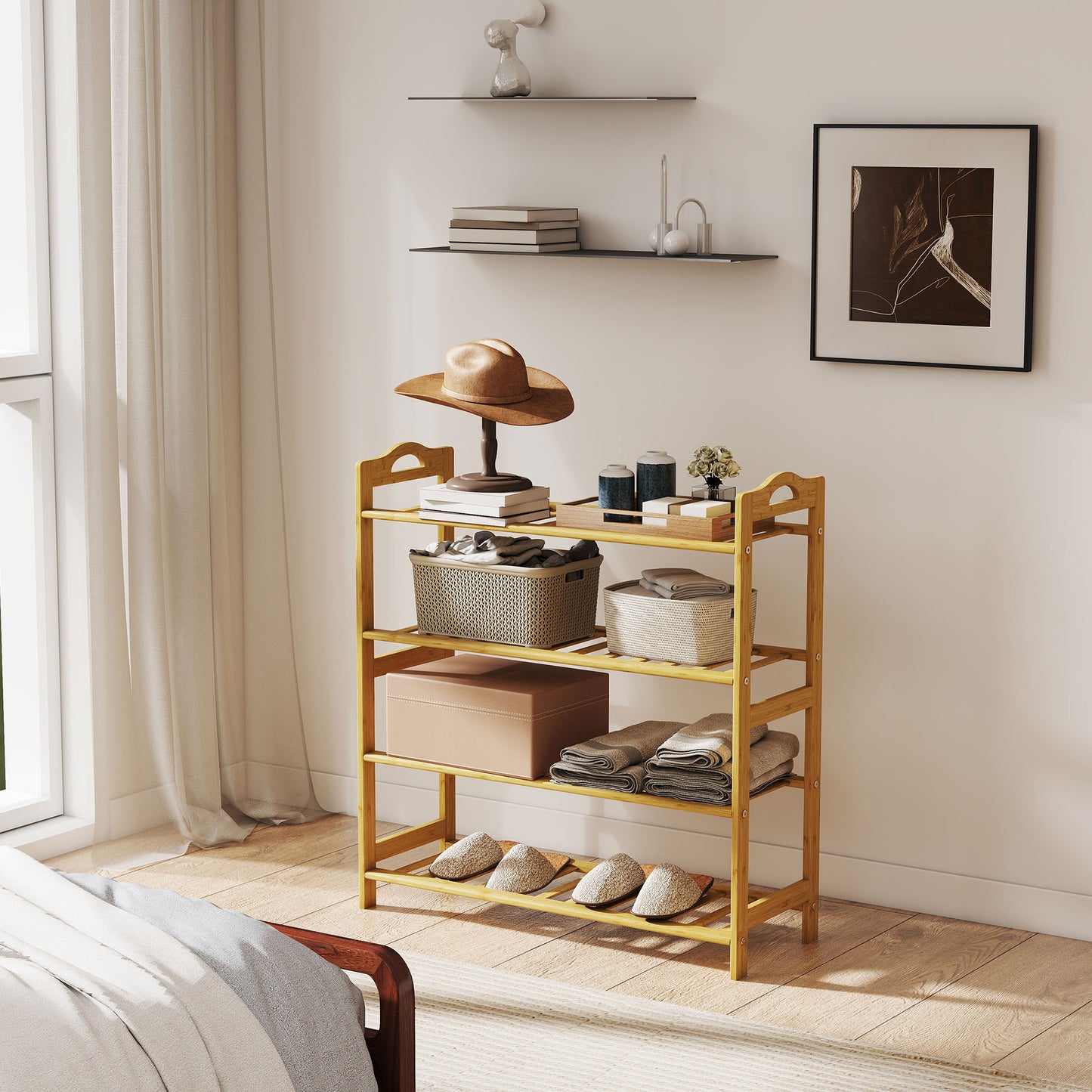 HOMCOM Freestanding Bamboo Shoe Rack, 4-Tier Shoe Shelf Stand for Hallway, Living Room, Bedroom, Natural Wood Finish