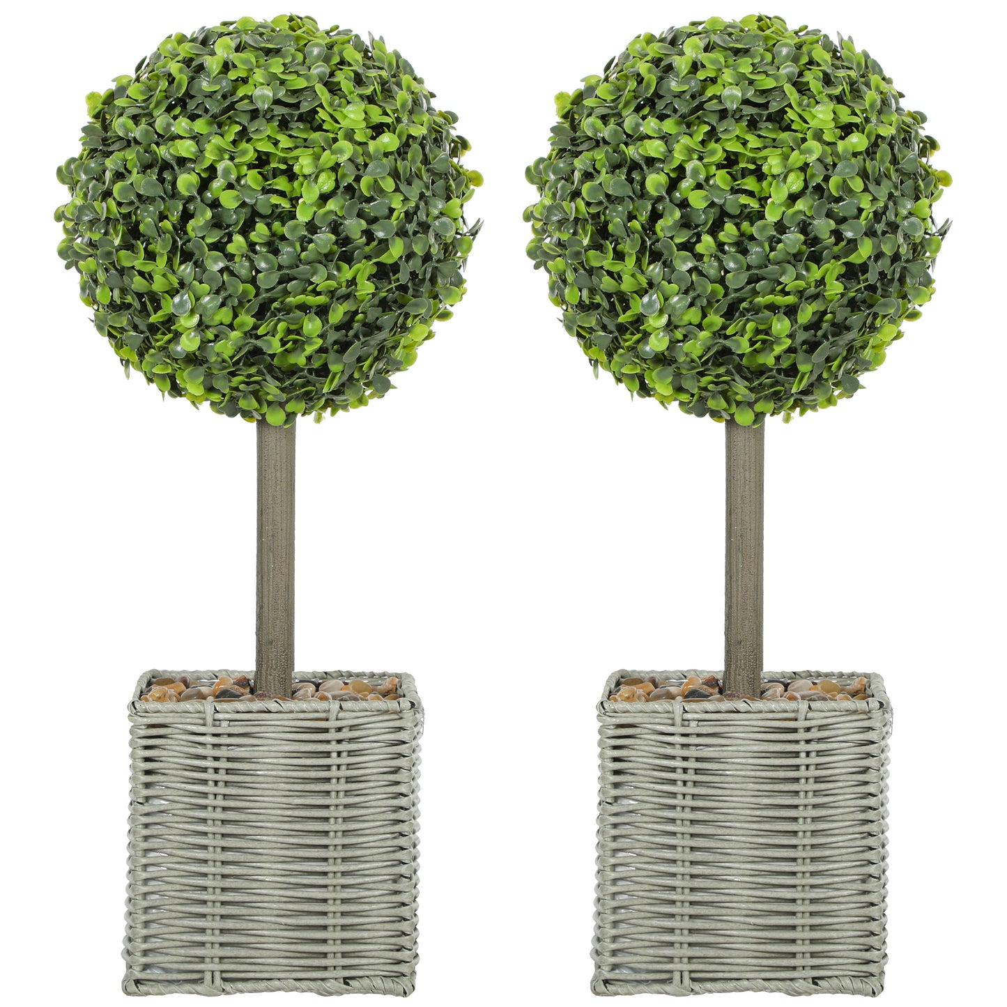 HOMCOM Set of 2 Artificial Plants, 50cm Faux Boxwood Topiary Balls in Woven Plastic Pots with Pebbles, Fake Decor for Home/Office, Green