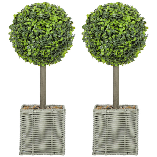 HOMCOM Set of 2 Artificial Plants, 50cm Faux Boxwood Topiary Balls in Woven Plastic Pots with Pebbles, Fake Decor for Home/Office, Green