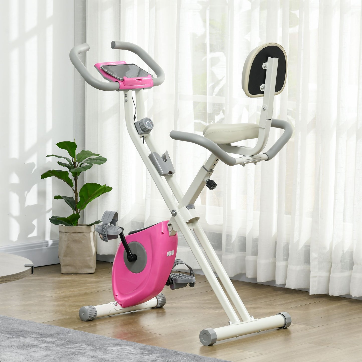 HOMCOM Folding Exercise Bike, 8 Level Magnetic Resistance Indoor Stationary Bike, Upright Fitness Bike with Backrest Tablet Holder, 5 Level Adjustable Seat Height, White
