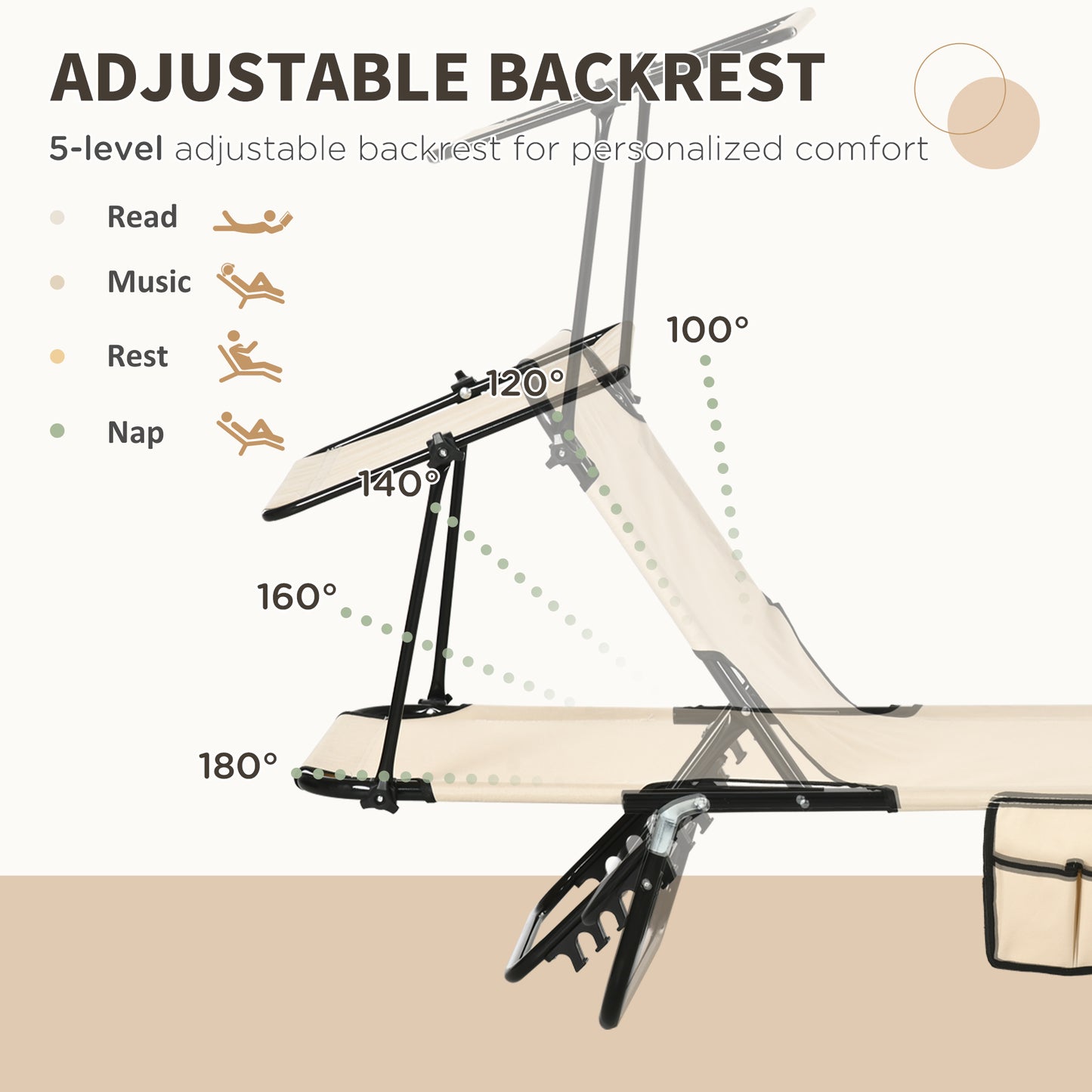 Outsunny 2 Piece Folding Sun Loungers, Adjustable Recliner Garden Chairs with Canopy, Steel Frame, Tan Brown