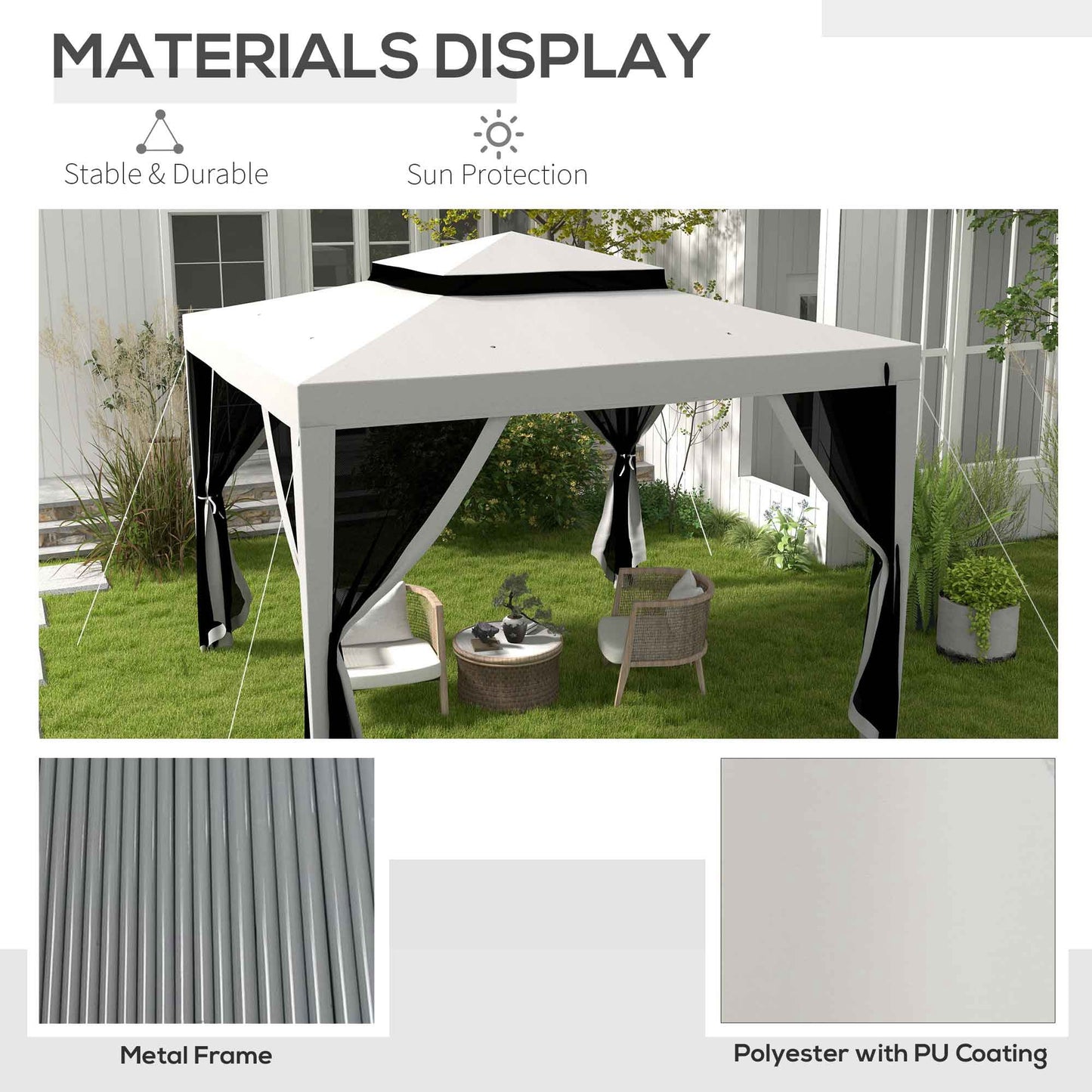 Outsunny 3 x 3 m Gazebo, Netting Party Tent, Patio Canopy Outdoor Event Shelter with Double Tier Roof, Light Grey