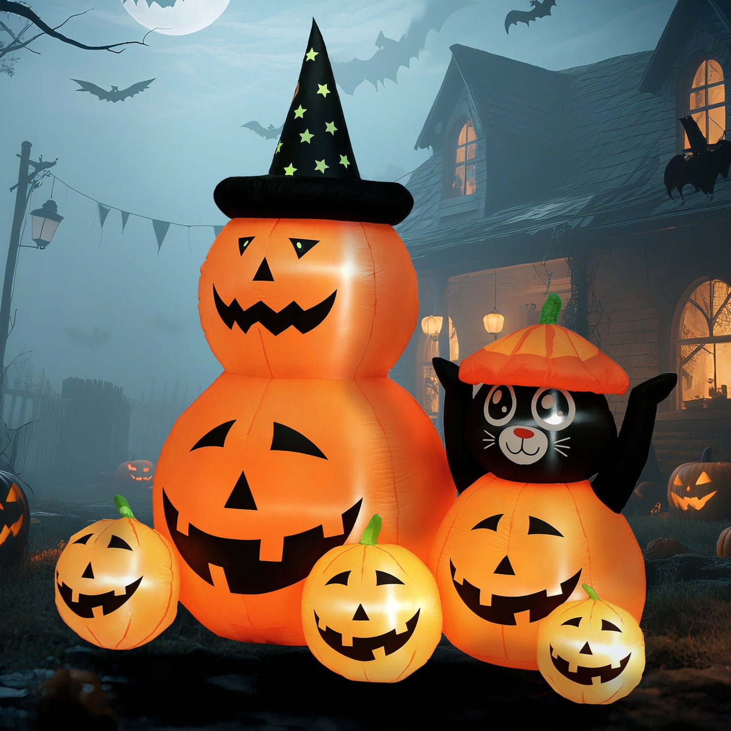 Outsunny Halloween Inflatable 180 cm Pumpkin and Cat with LED Lights, Self-Inflating Outdoor Decoration for Garden Party, Orange and Black
