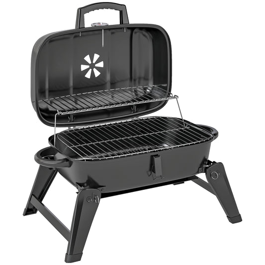 Outsunny Charcoal Barbecue Grill Folding BBQ Grill with 1232 cm² Cooking Area, Adjustable Vent, Thermometer, Handles for Camping Picnic, Black