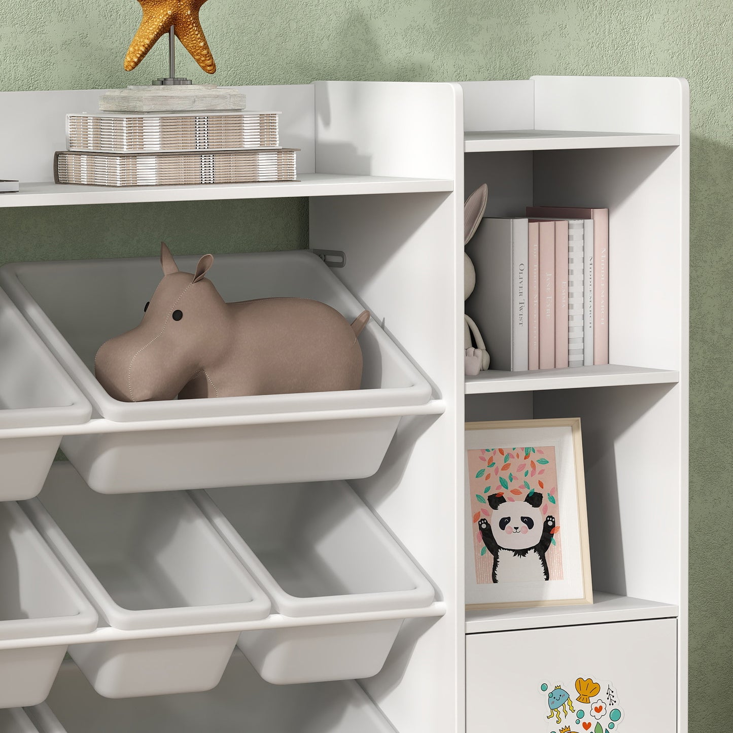 AIYAPLAY Kids Toy Organizers and Storage with 8 Removable Storage Bins and Bookshelf, White