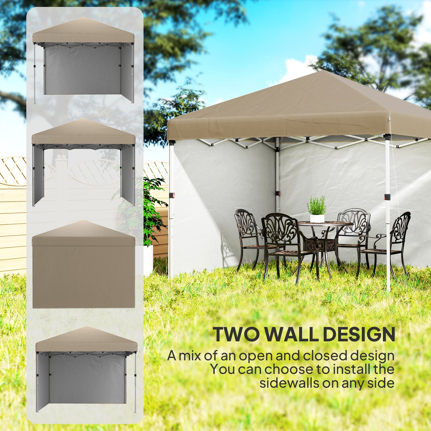 Outsunny 3x3m Pop Up Gazebo, UPF 30+, 2 Sidewalls, Leg Weight Bags & Wheeled Bag, Adjustable, Khaki