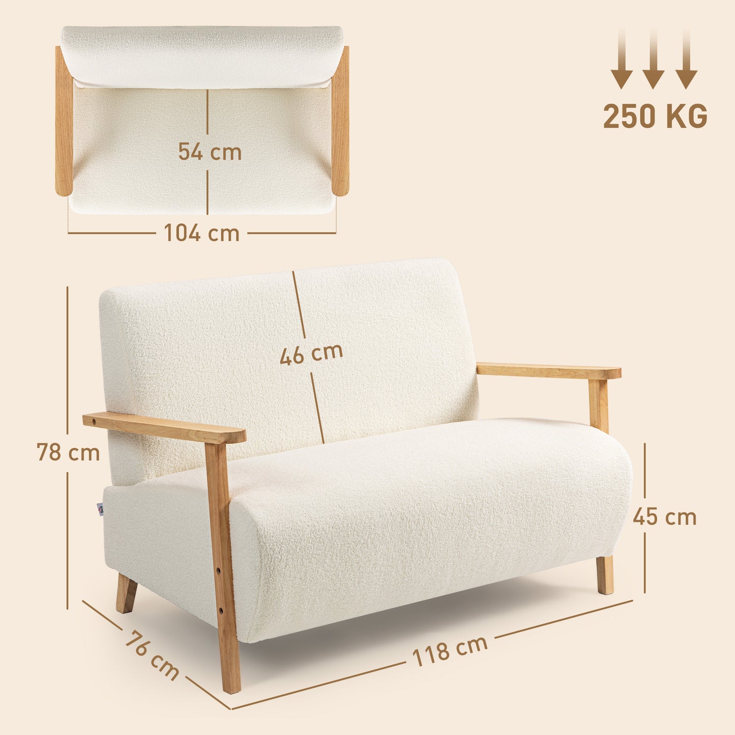 HOMCOM Small Sherpa Fabric 2 Seater Sofa Settee - Cream White