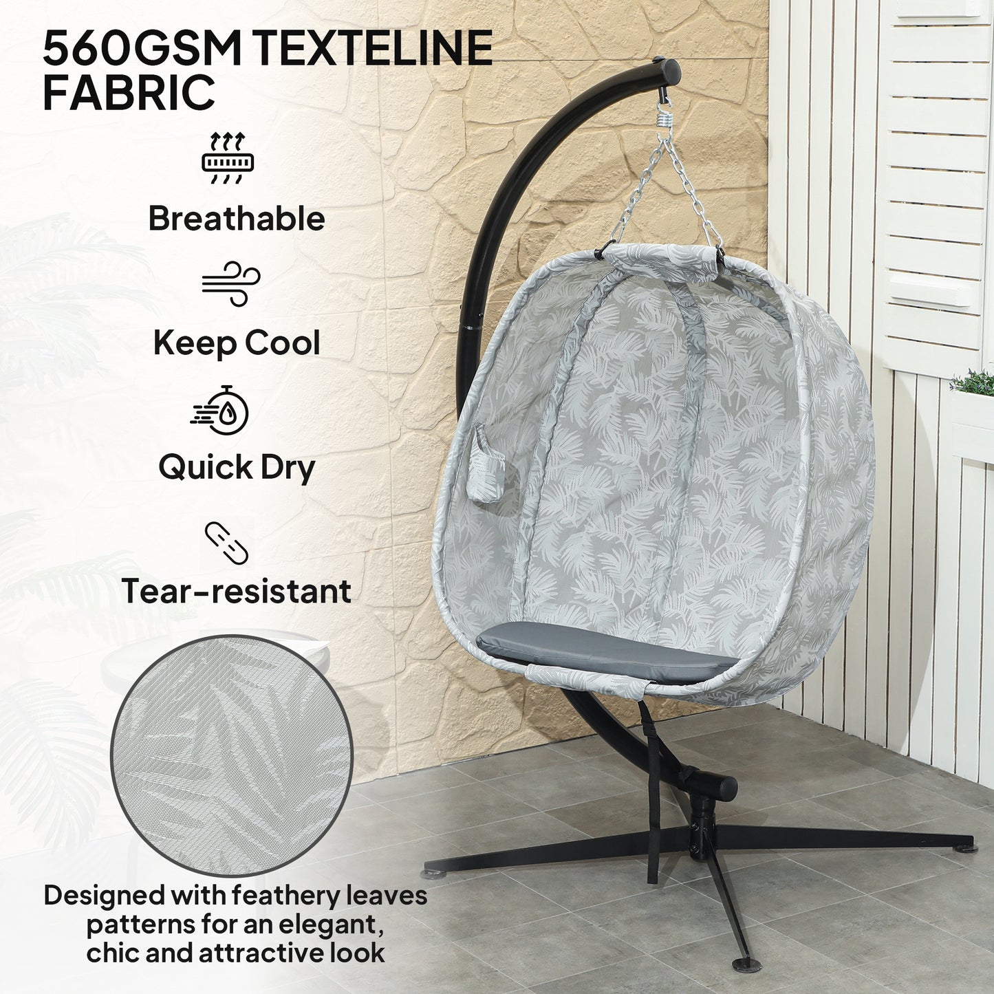 Outsunny Hanging Egg Chair: Outdoor/Indoor, Folding Basket, Stand, Thick Cushion, Cup Holder, Grey