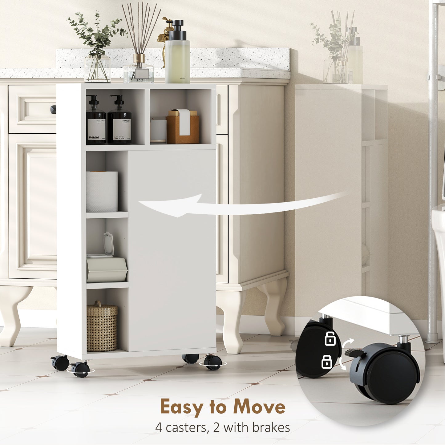 HOMCOM Slim Bathroom Storage Unit with Wheels - White
