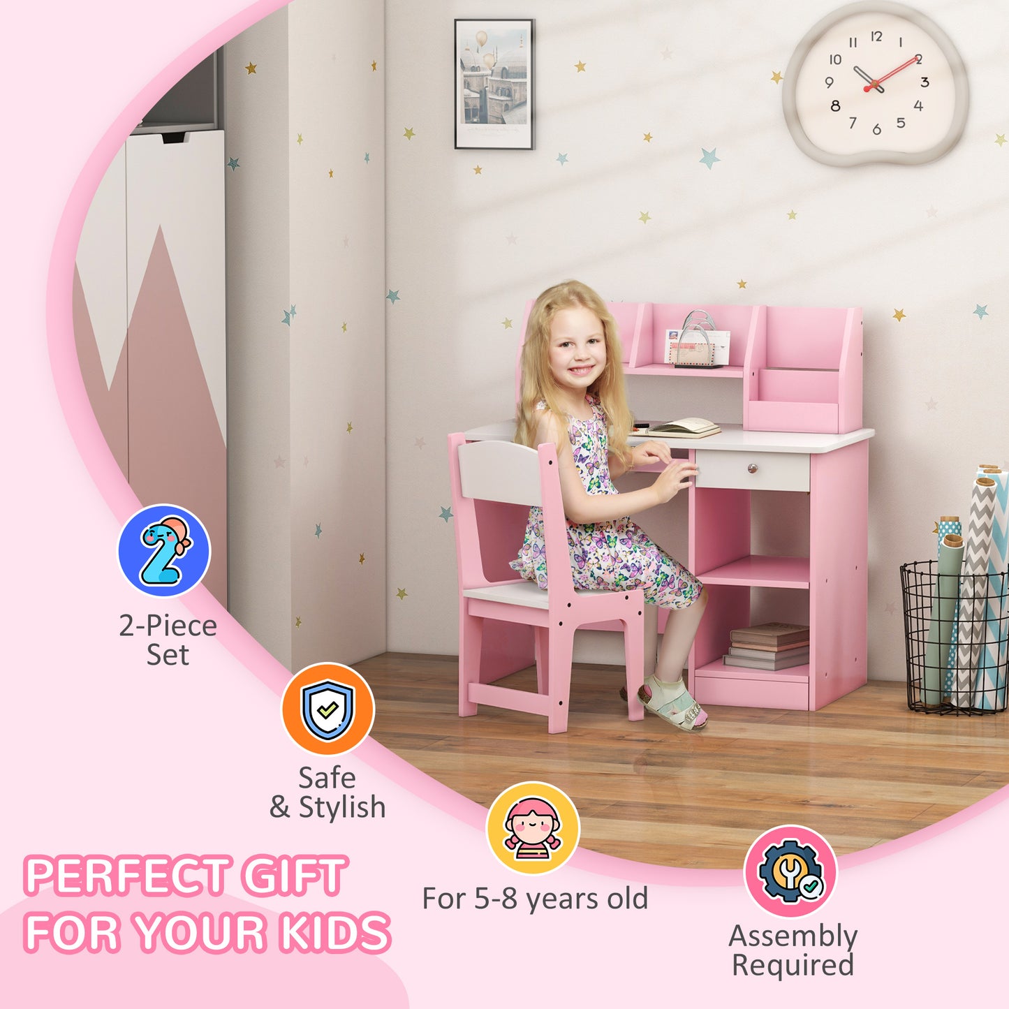 ZONEKIZ Two-Piece Kids Desk and Chair Set with Storage for Ages 5-8 Years - Pink