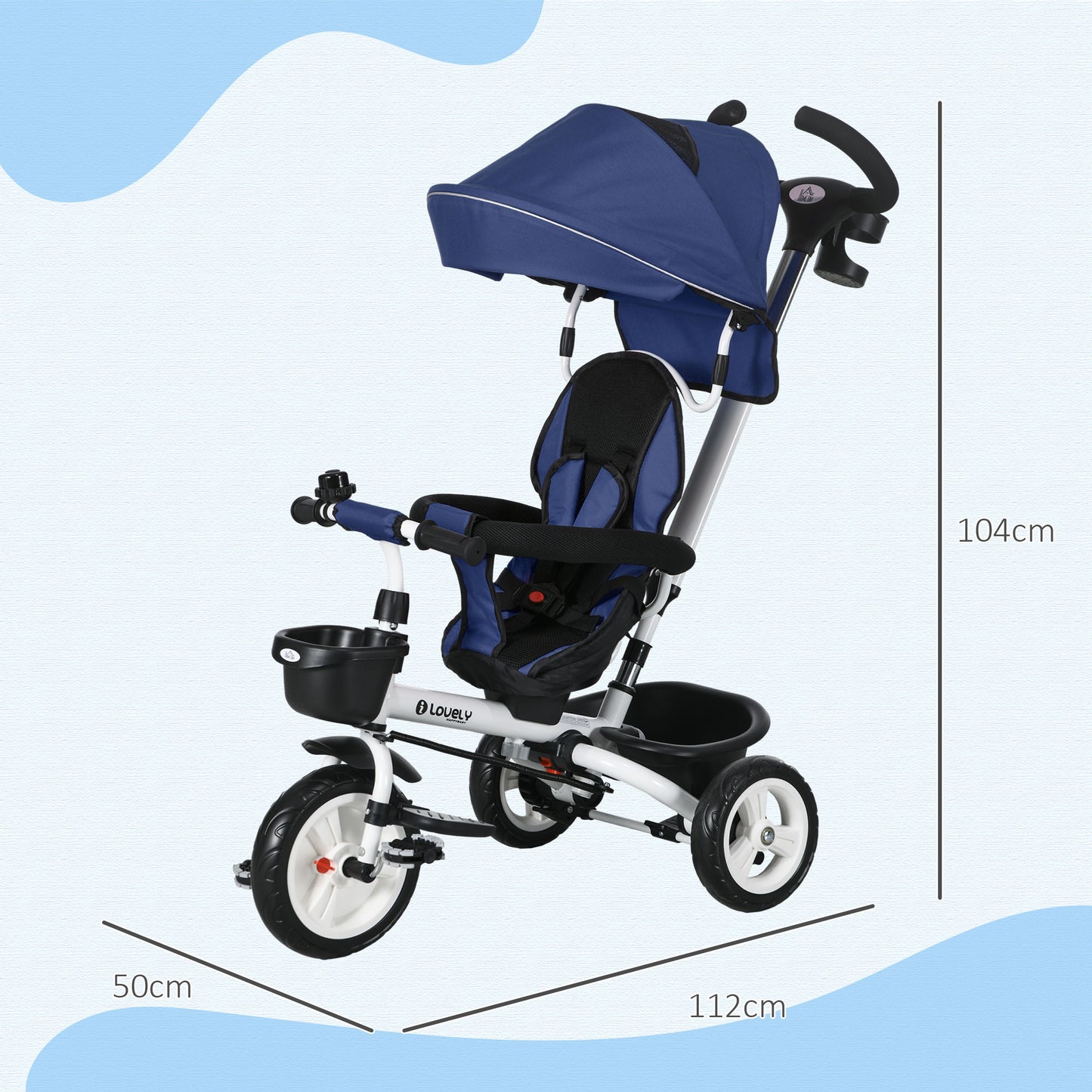 HOMCOM Metal Frame 4 in 1 Baby Push Tricycle with Parent Handle for 1-5 Years Old Dark Blue