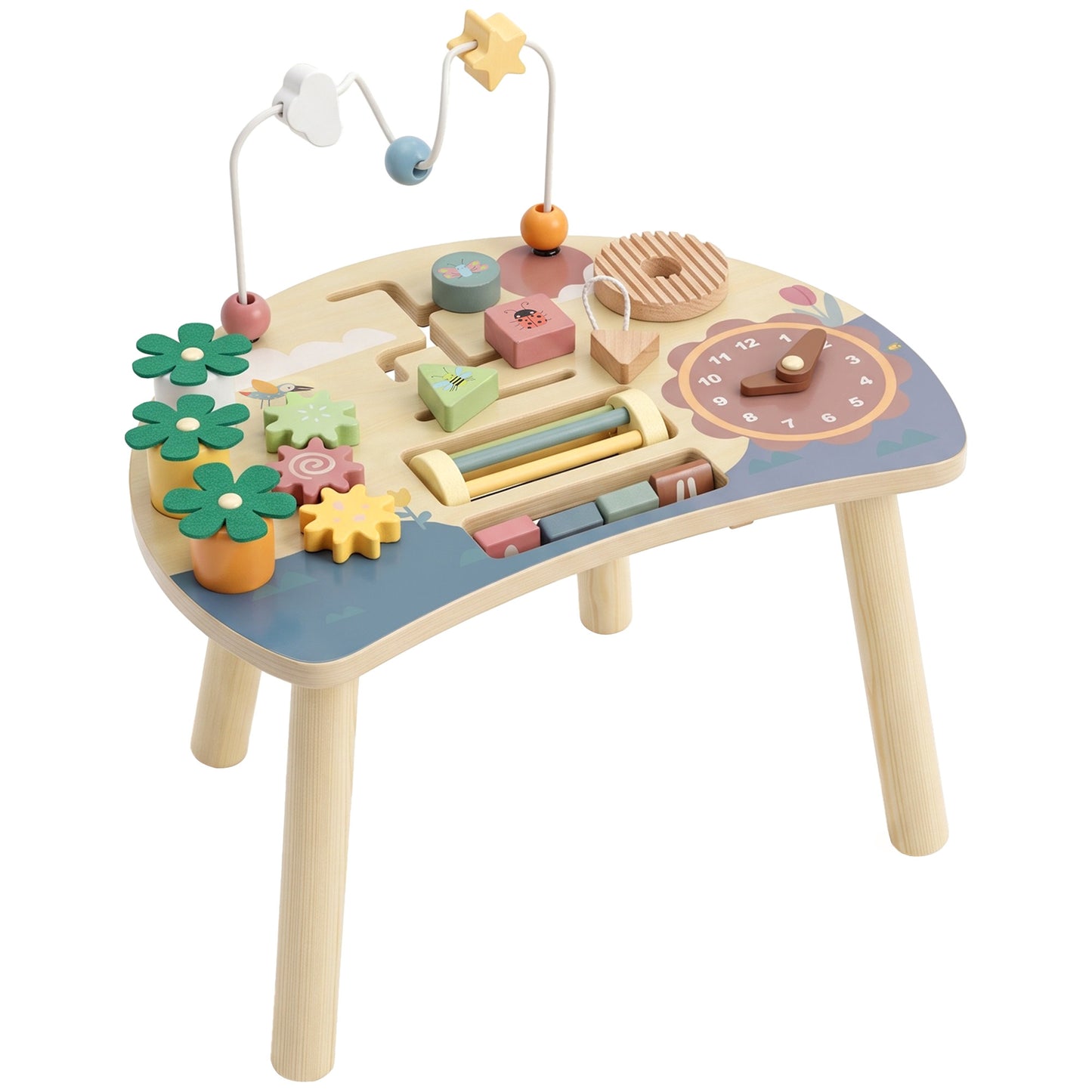 AIYAPLAY Wooden Baby Activity Table for 1-3 Years, 6-in-1 Montessori Activity Table with Gears, Bead Maze, Rotating Clock