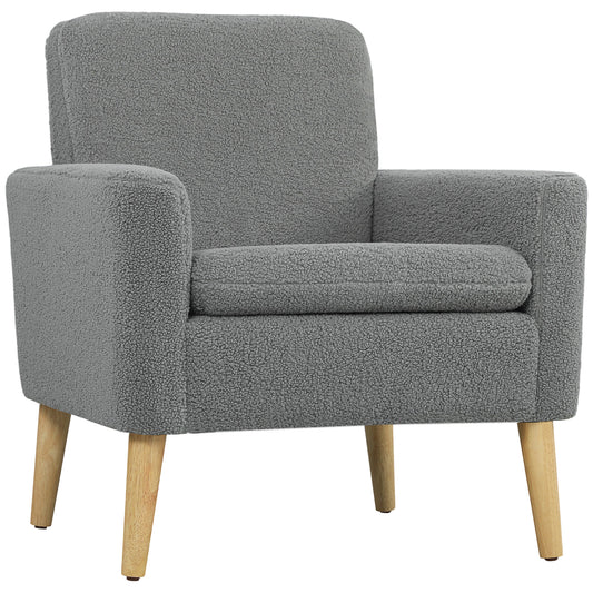HOMCOM Armchair, Upholstered Accent Chair with Wood Legs and Wide Padded Seat, Teddy Occasional Chair, Grey