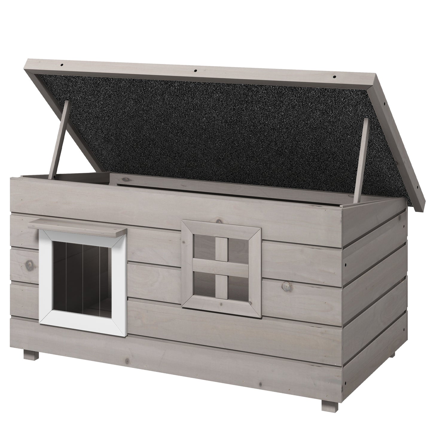 PawHut Wooden Cat House Outdoor, Elevated Cat Shelter Kennel, Pet Play House with Openable Top, Asphalt Roof, Window, Grey