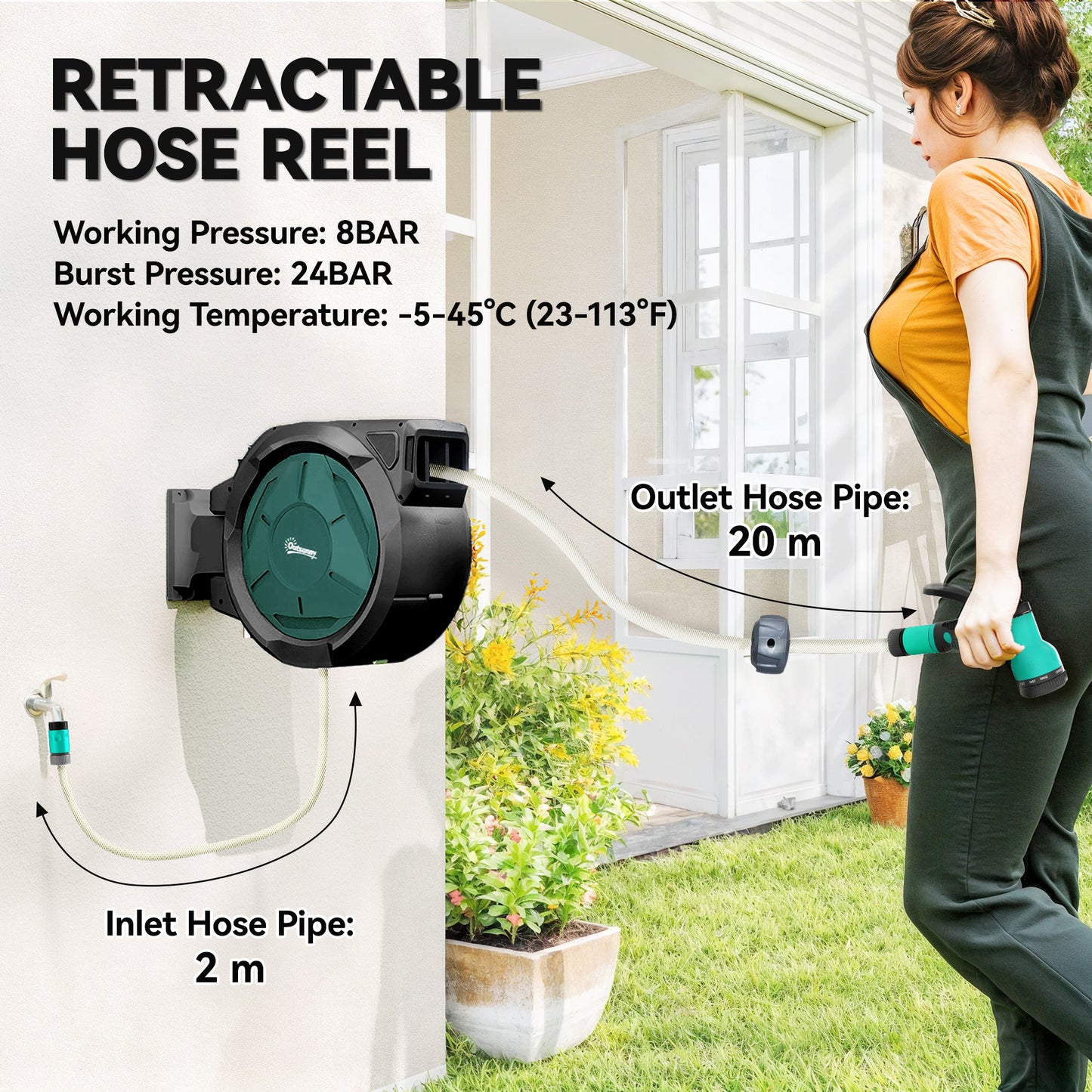 Outsunny Wall-Mounted Hose Reel 20+2m Auto Rewind Black