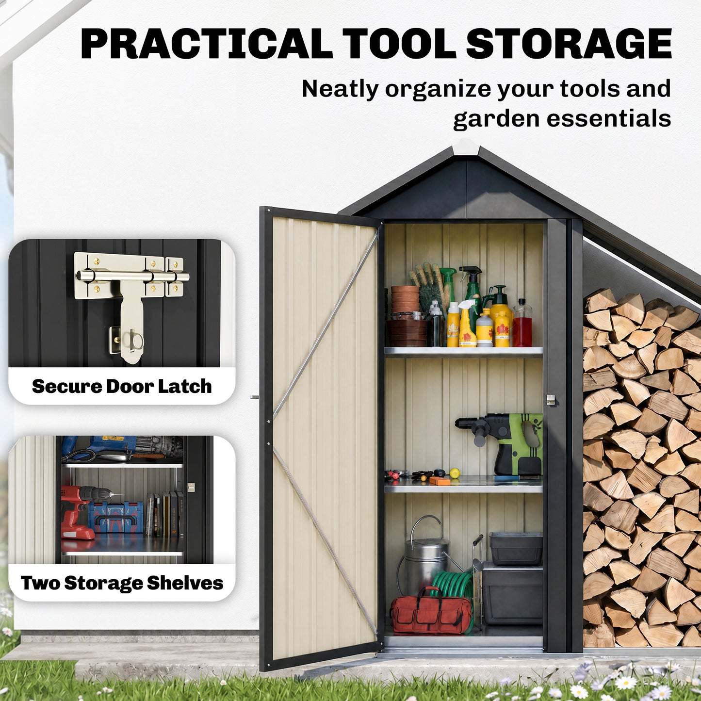 Outsunny 2 in 1 Galvanised Steel Firewood Shed, Outdoor Log Storage Shed with Tool Cabinet and Firewood Rack, Dark Grey