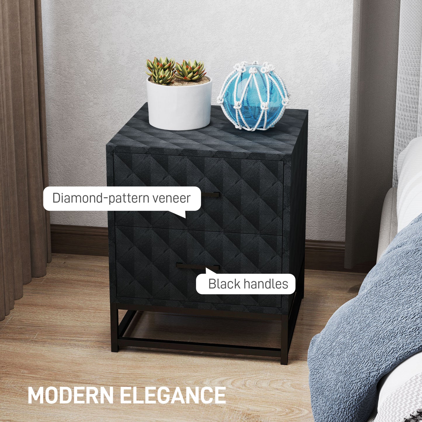 HOMCOM Bedside Tables Set of 2, Modern Nightstand with 2 Drawers, Steel Legs, for Bedroom/Living Room, Black