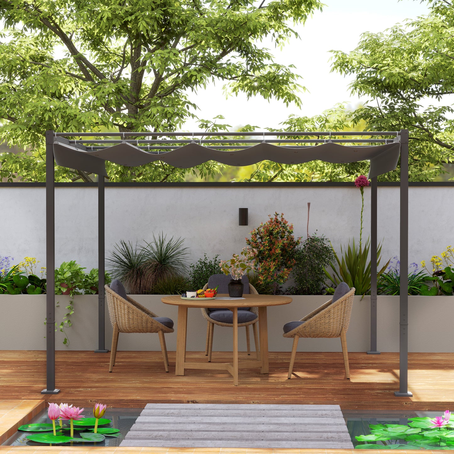 Outsunny 3 x 3(m) Garden Pergola with Retractable Roof and Magnetic Fixture, Outdoor Pergola Kit Sun Shade Canopy, UPF30+, Grey
