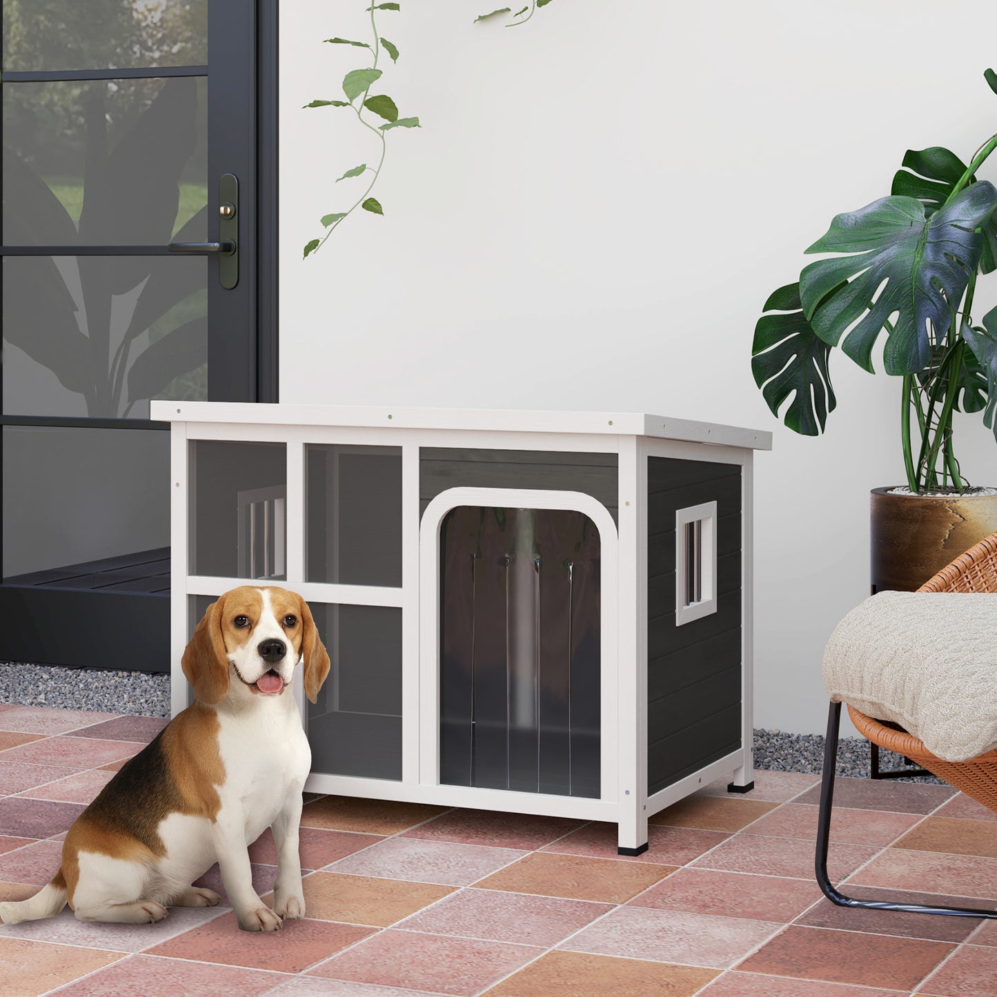 PawHut Wooden Dog House Outdoor with  Asphalt Openable Top, Removable Floor, Clear Front Panel, Curtain, 90 x 62 x 71cm