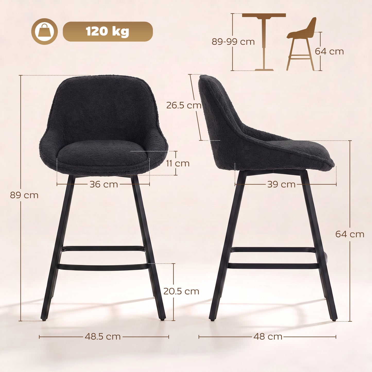 HOMCOM Bar Stools Set of 2, 64 cm Modern Linen-Touch Fabric 360° Swivel Counter Height Bar Chairs, Black
