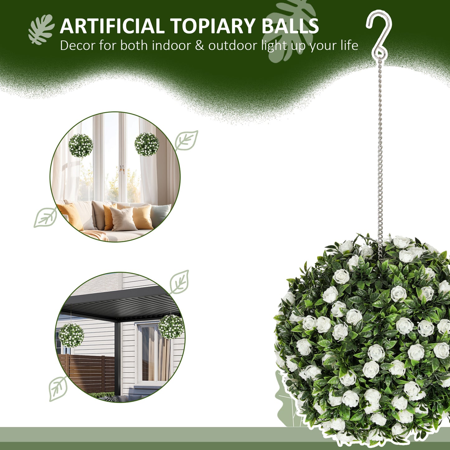 HOMCOM Set of 2 Artificial Plants, UV-Protected Topiary Rose Balls, 28cm, White