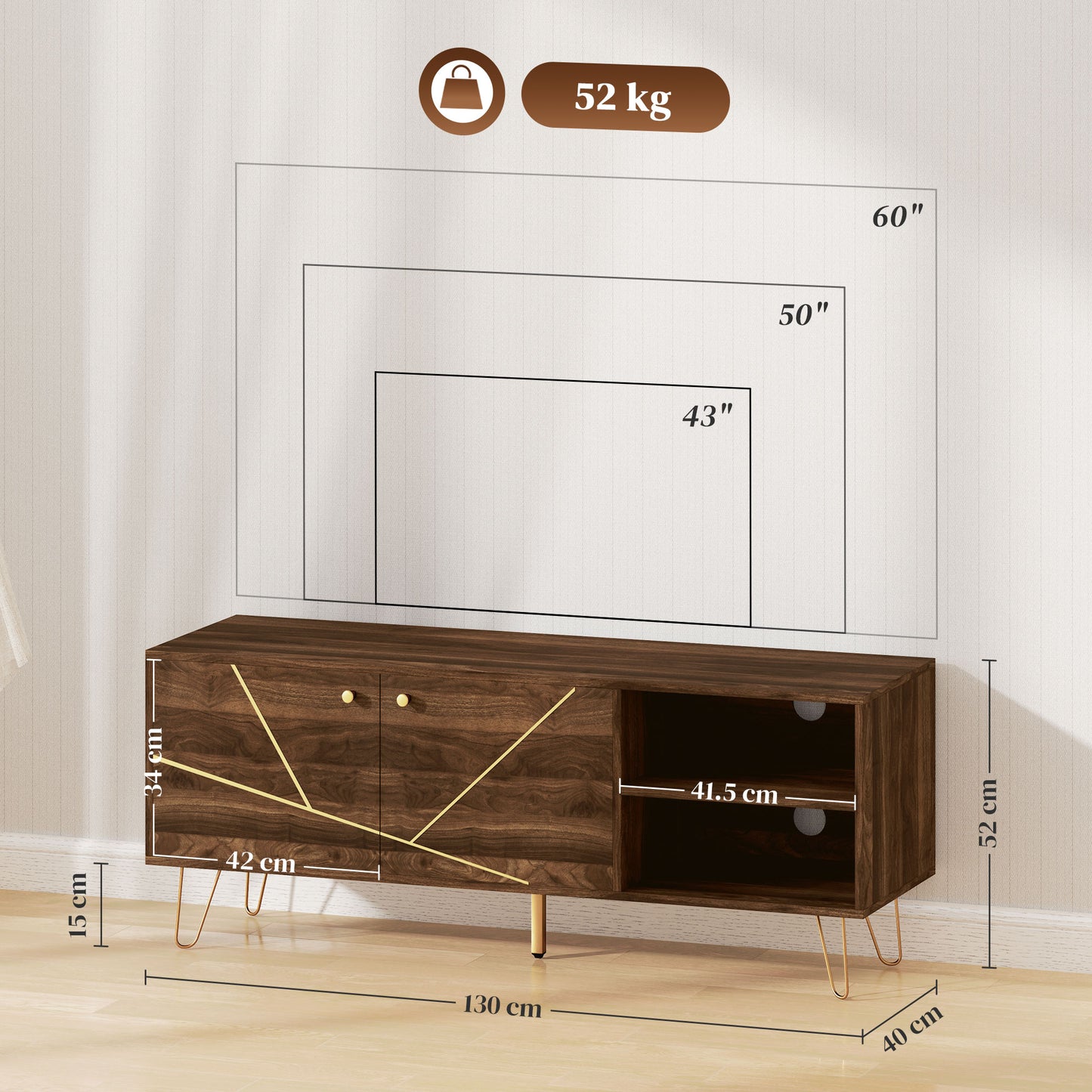 HOMCOM TV Stand Cabinet for up to 60" TV, 130cm Unit with Adjustable Shelves, Hairpin Legs, Double Doors for Living Room or Bedroom, Brown