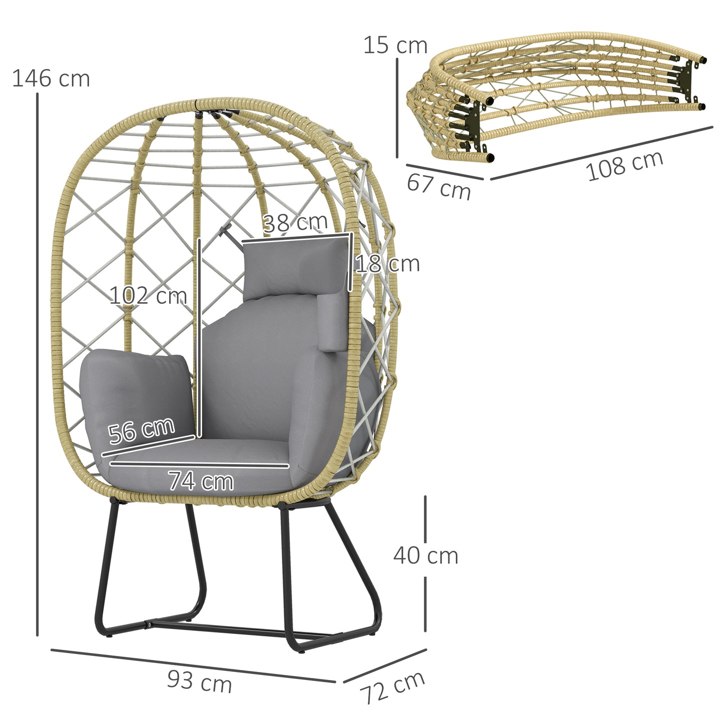 Outsunny Rattan Egg Chair for Outdoor/Indoor Use, with Cushion, Headrest, Cup Holder, Metal Frame, Grey