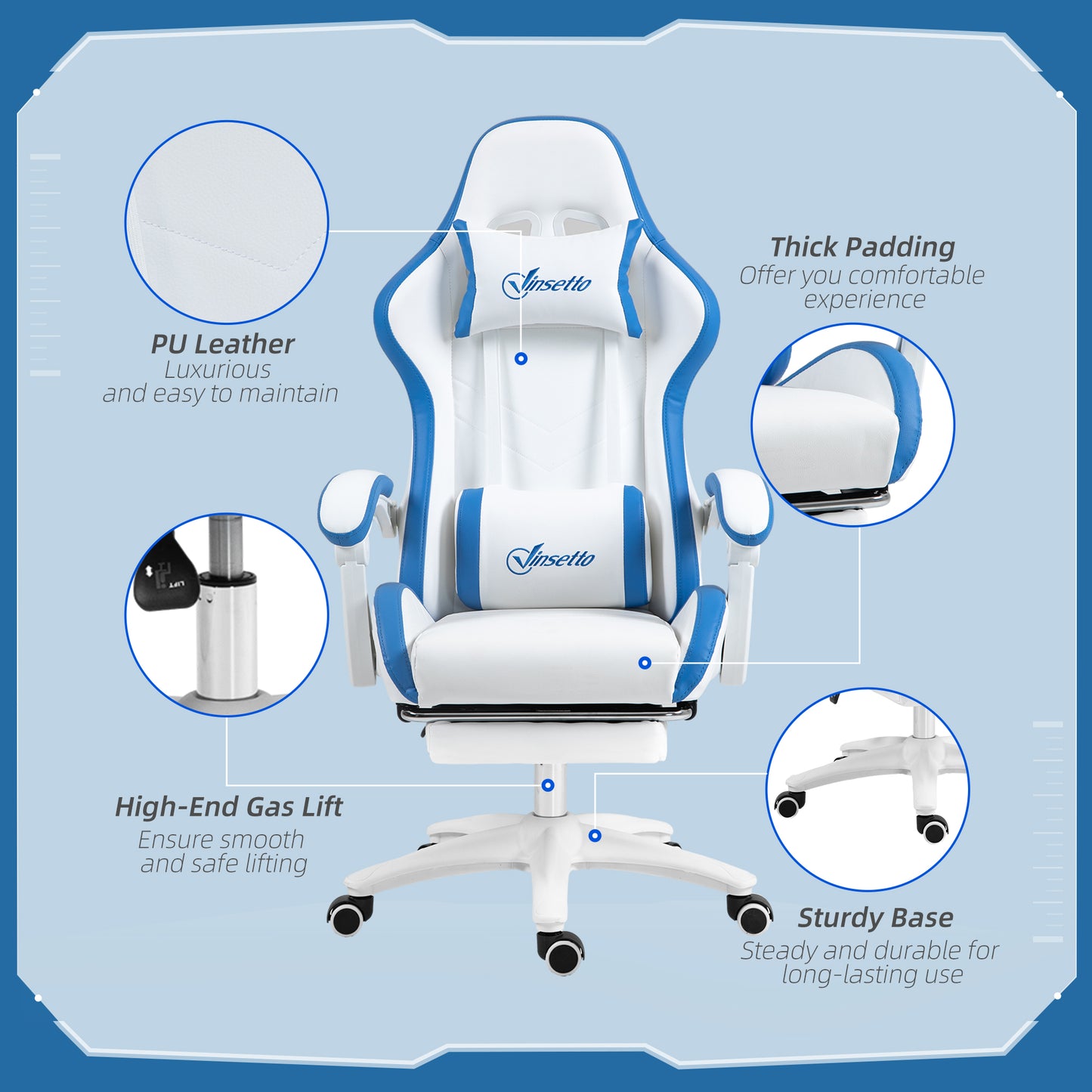 Vinsetto Racing Gaming Chair, Reclining PU Leather Computer Chair with 360 Degree Swivel Seat, Footrest, Removable Headrest and Lumber Support, White and Blue