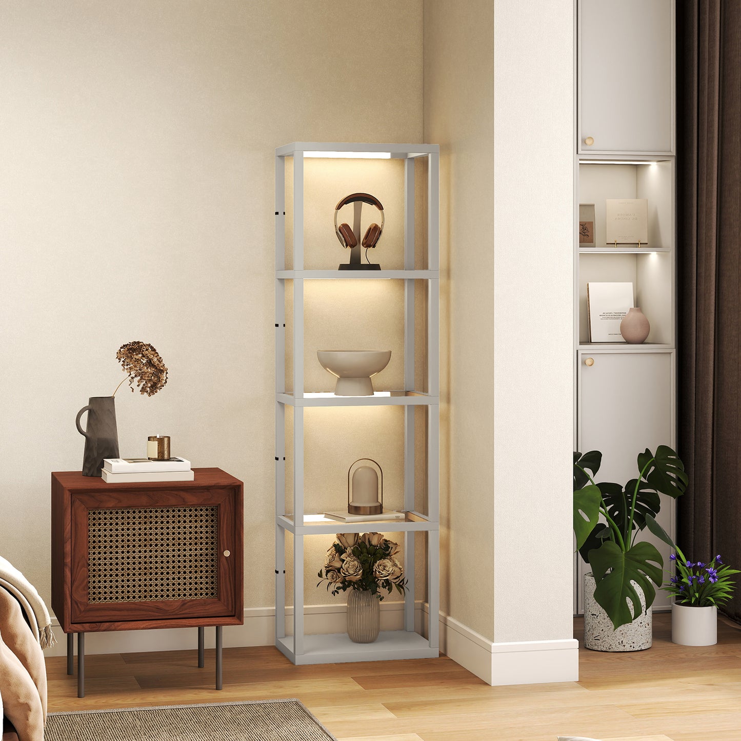 HOMCOM LED Floor Lamp with 4 Glass Shelves, Dimmable Tall Standing Lamp, Modern Shelf Light for Living Room, Bedroom, Office, Grey