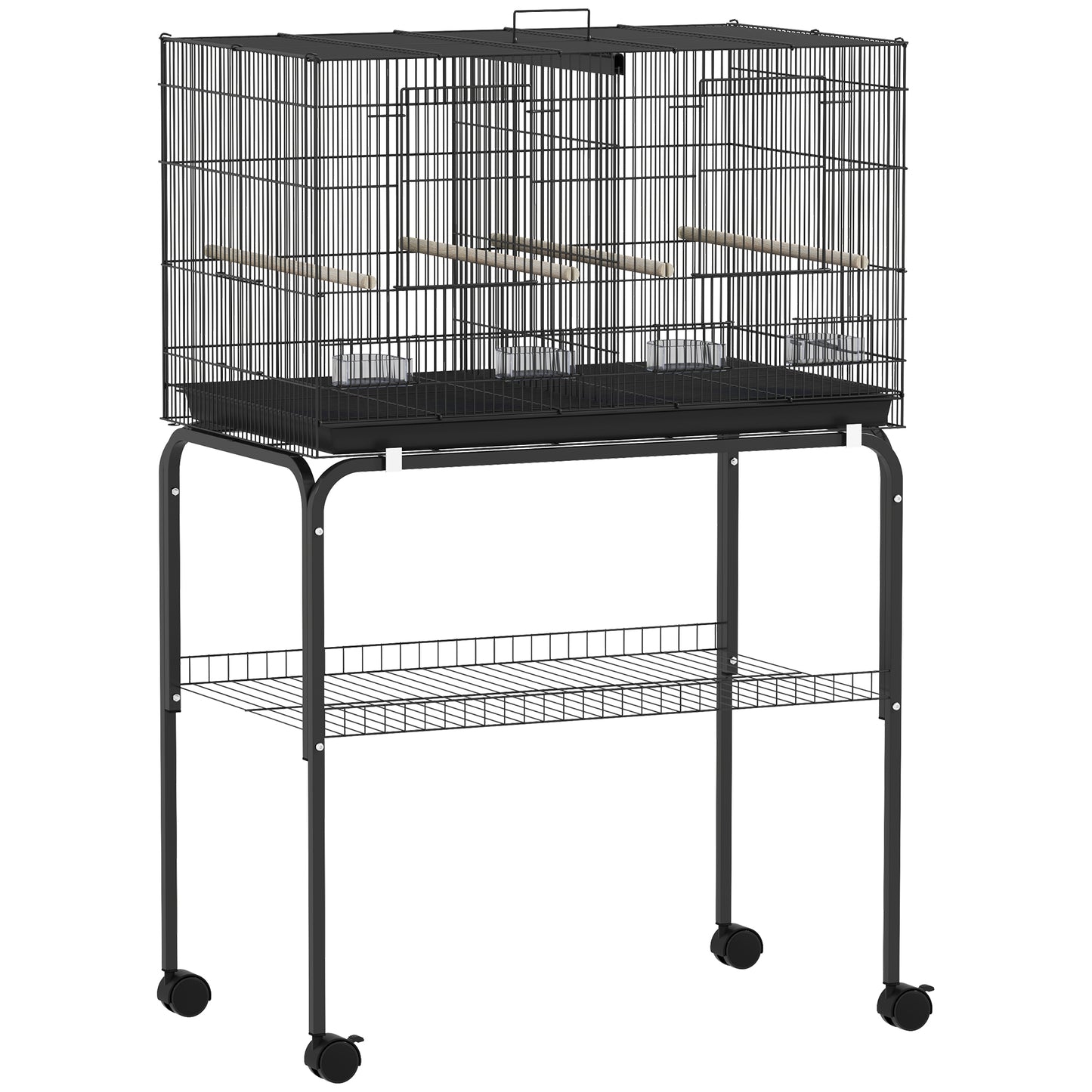 PawHut Bird Cage with Divider, 4 Wooden Perches, Slide Out Tray, 4 Feeders, for Budgie, Lovebird, Canary, 76 x 46 x 116cm Black