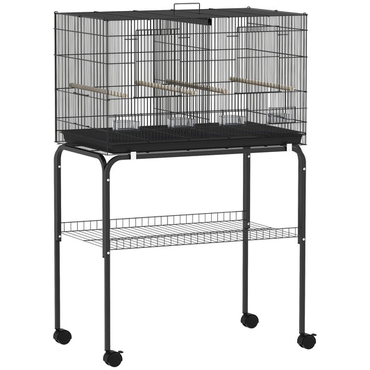 PawHut Bird Cage with Divider, 4 Wooden Perches, Slide Out Tray, 4 Feeders, for Budgie, Lovebird, Canary, 76 x 46 x 116cm Black