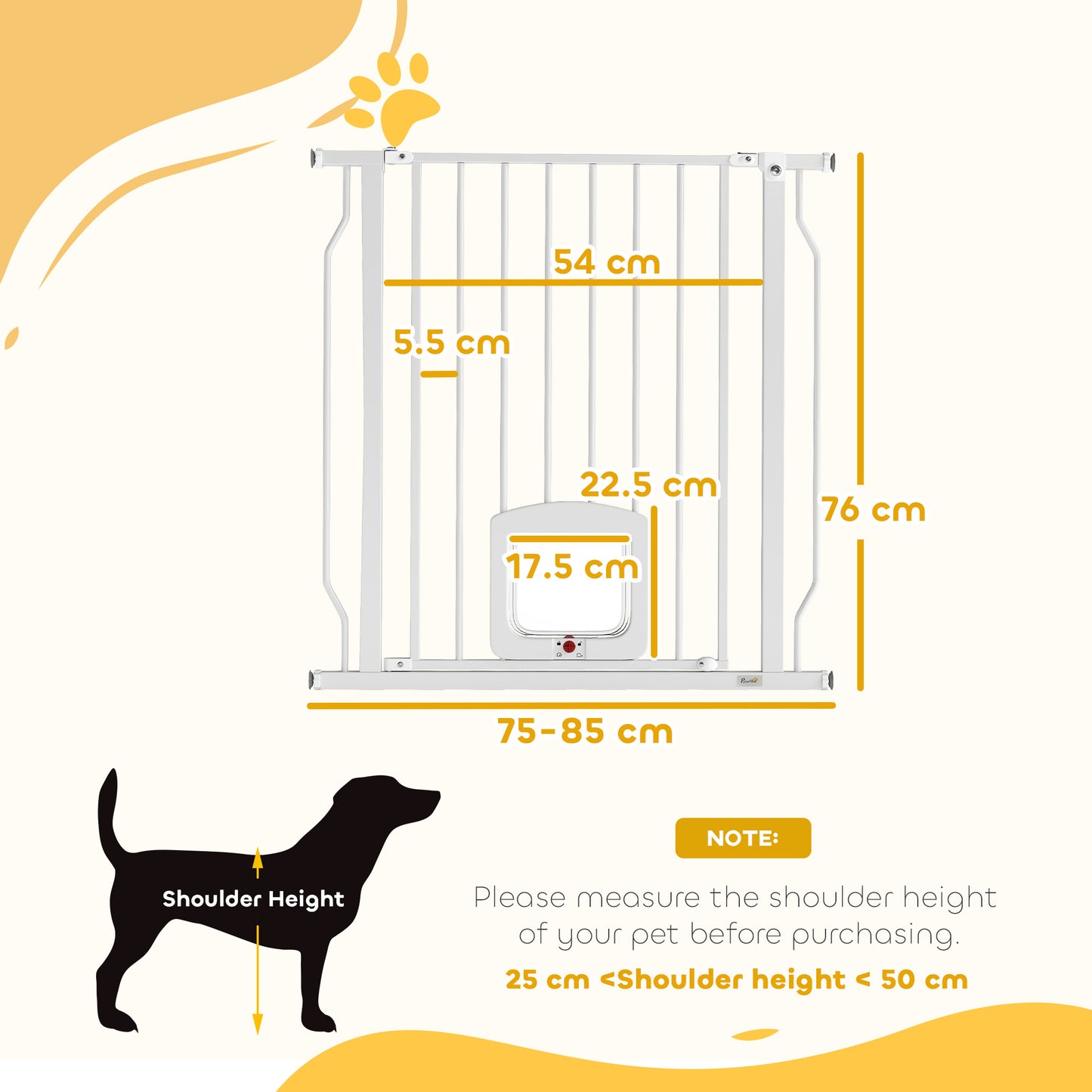 PawHut Adjustable Dog Safety Gate 75-85 cm, Double-Lock Stair Gate, 76 cm Height, White