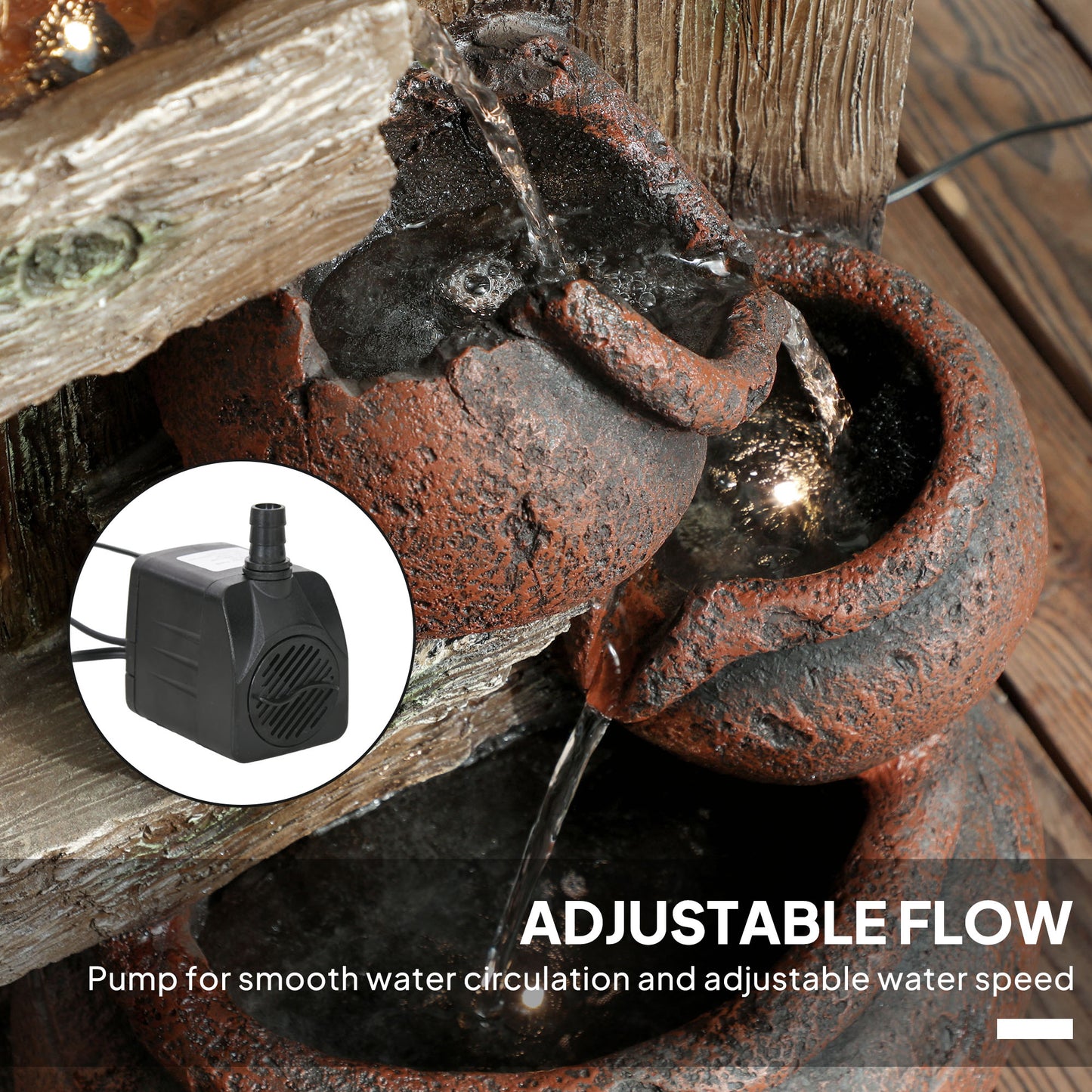 Outsunny 2-in-1 Resin Waterfall Fountain with Birdhouse & LED Lights, Tree Trunk Design, Cascading Water Feature, Multi-colour