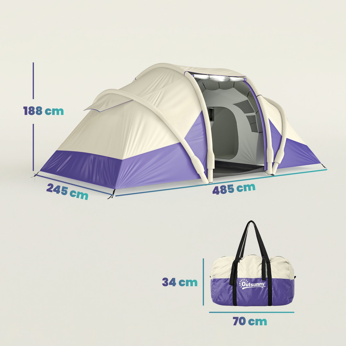 Outsunny Inflatable Tent 2 Bedroom 3000mm Waterproof Windproof Air Tent Carry Bag for 4 Person