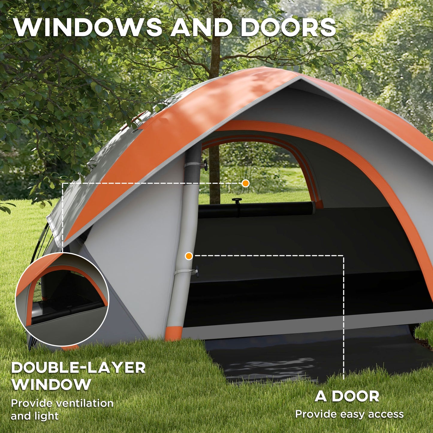 Outsunny Three Man Single Room Dome Tent, with Accessories - Orange/Grey