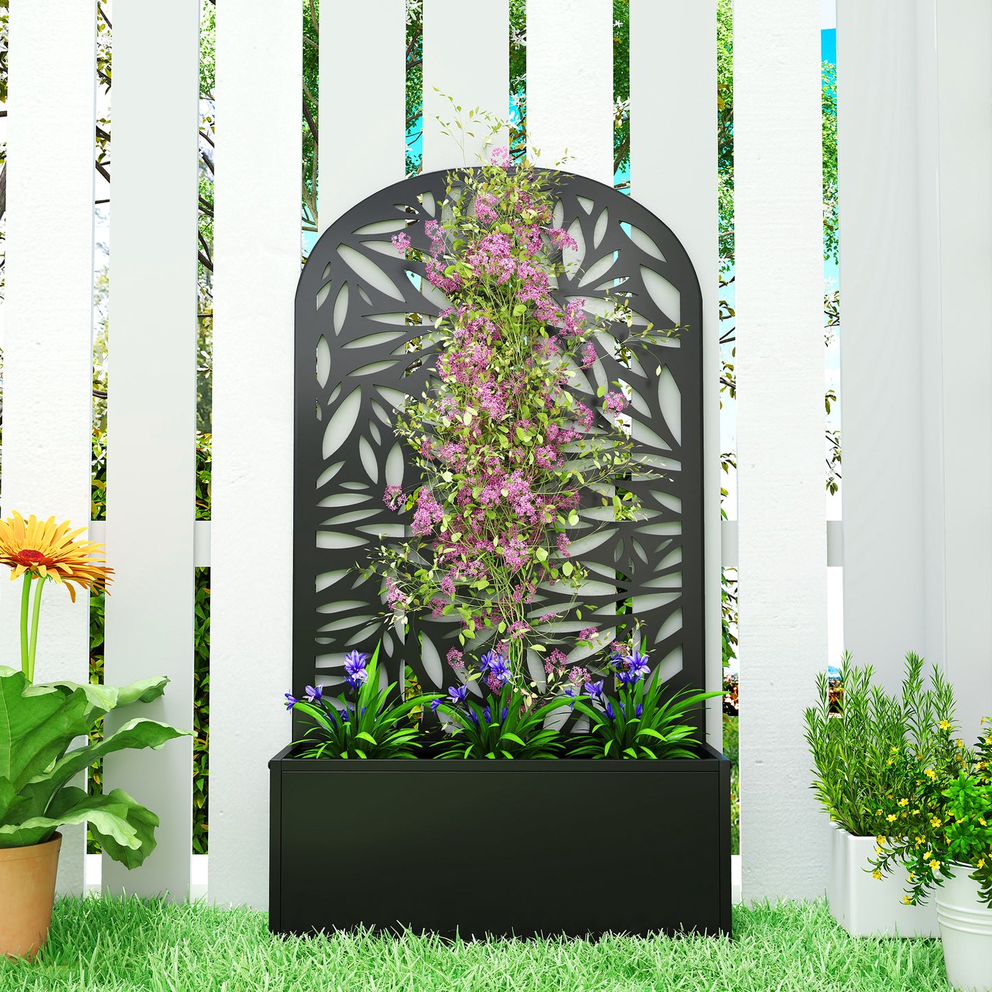 Outsunny Metal Garden Bed for Garden with Trellis, Wall Mounted or Freestanding Raised Planter with Curved Privacy Screen