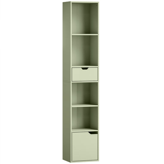 HOMCOM 6-Tier Bookcase, Tall Narrow Bookshelf with Drawer and Door - Green