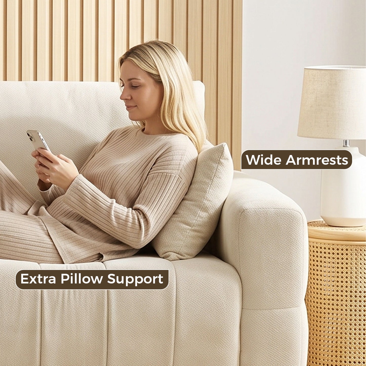 HOMCOM 3 Seater Sofa, Upholstered Velvet Couch for Bedroom with Pillows, Padded Cushion and Wood Legs, Cream White