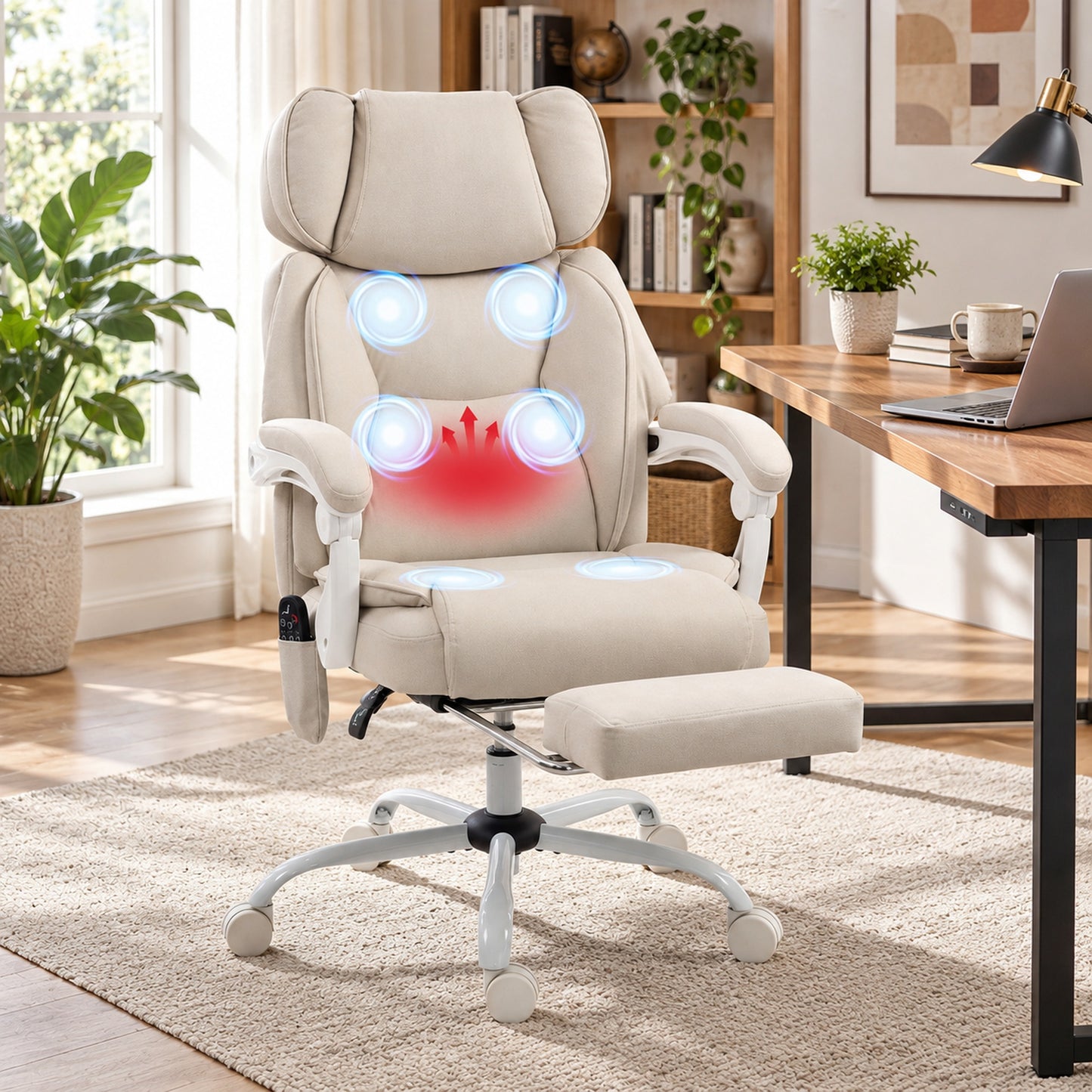 HOMCOM Office Chair with Massage, Heat, Adjustable Headrest, Leathaire‌ Reclining Desk Chair with Footrest, Cream White
