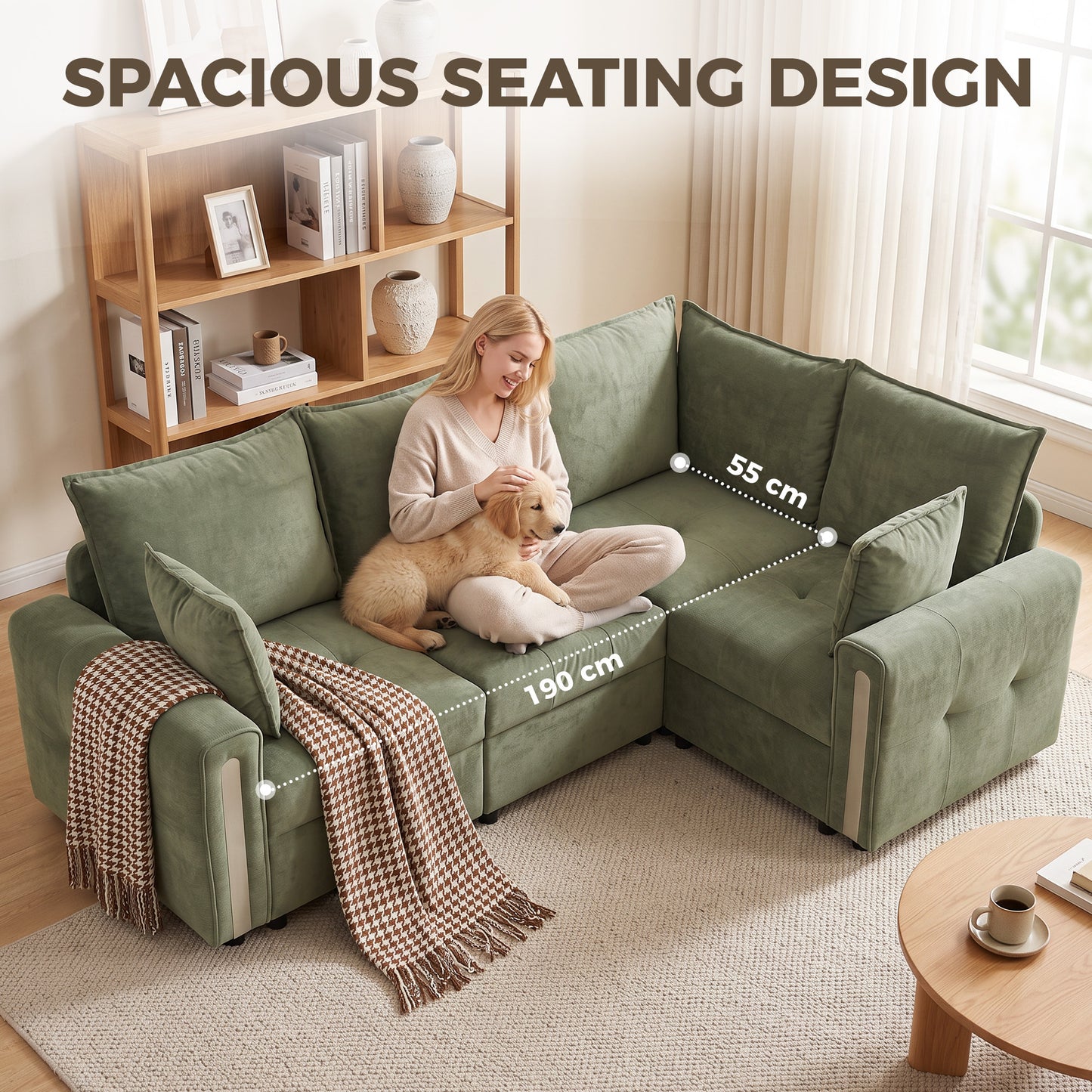 HOMCOM 228cm L Shaped Sofa with Lift-Up Storage, 3-Seater Sectional Sofa with Wide Deep Seat, Dark Green