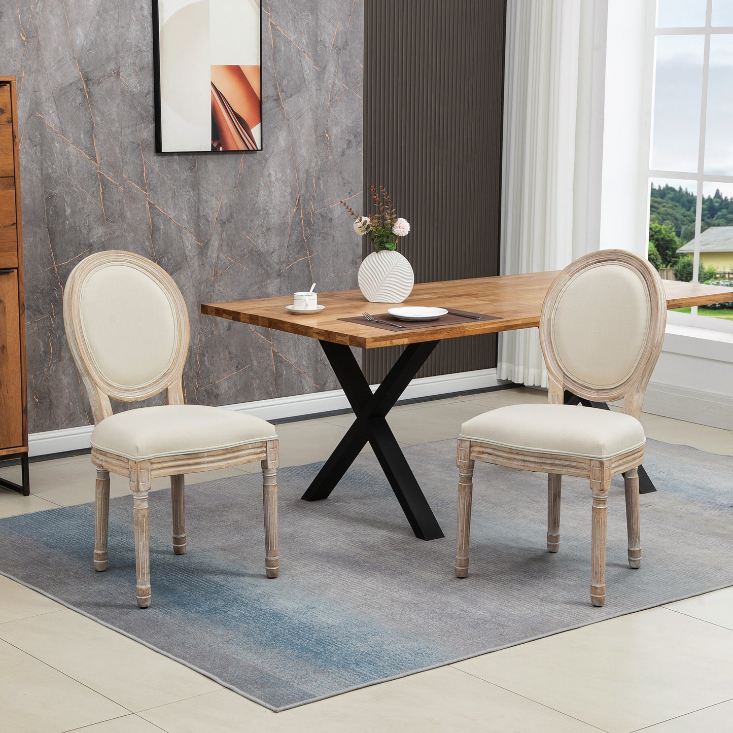 HOMCOM 2 French-Style Dining Chairs with Linen Upholstery - Cream