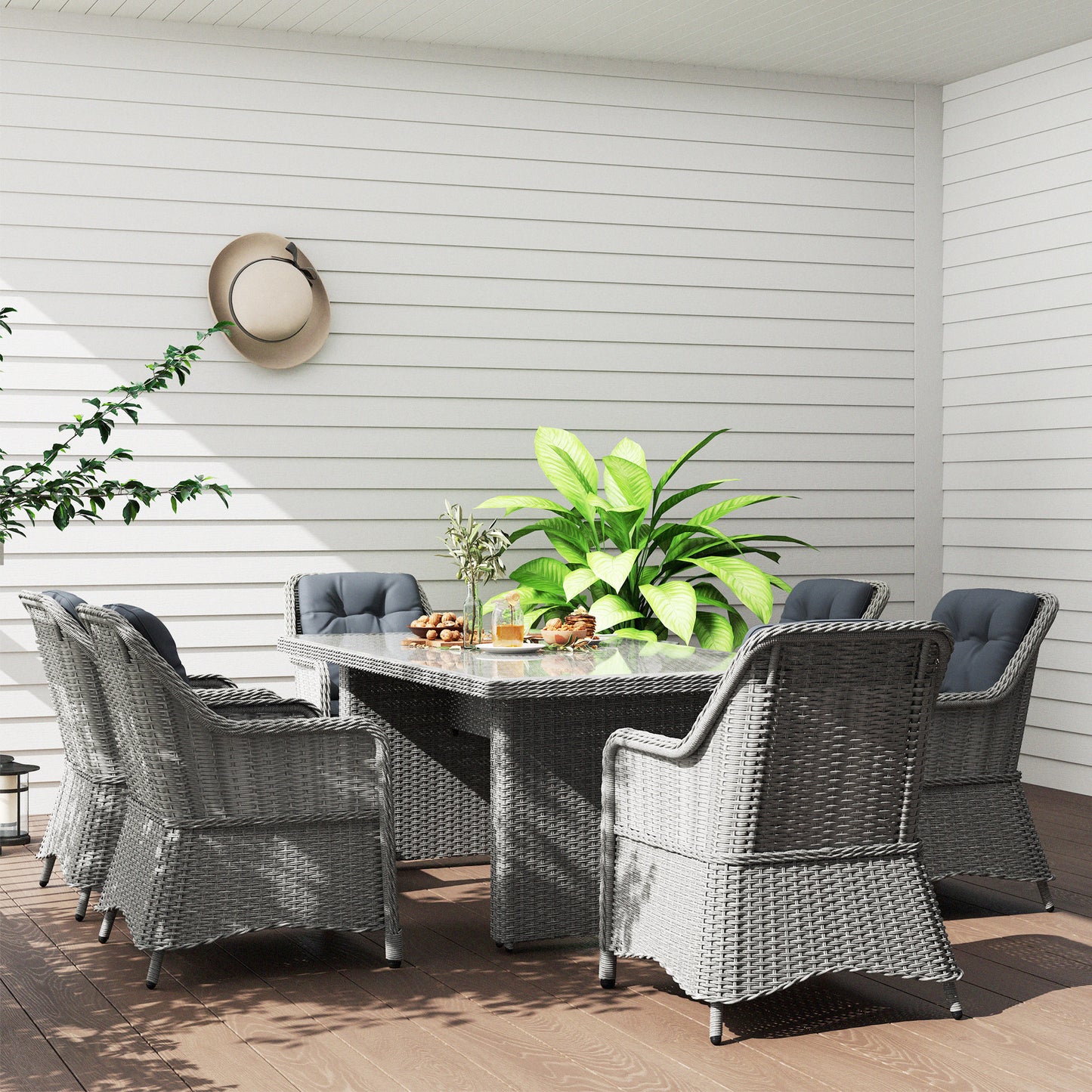 Outsunny 6-Seater Rattan Dining Set, Round PE Rattan Furniture, Aluminum Table, 6 Armchairs with Cushions, Rectangular Glass Top, Grey