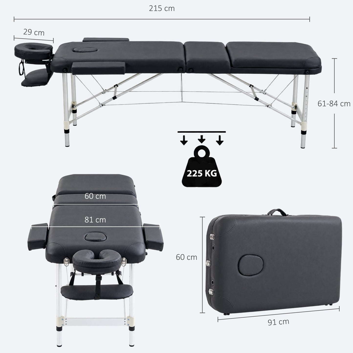HOMCOM Foldable Massage Bed Portable Table, 3-Section Aluminium Foldable Beauty Couch with Headrest Support, 60 cm Width Black
