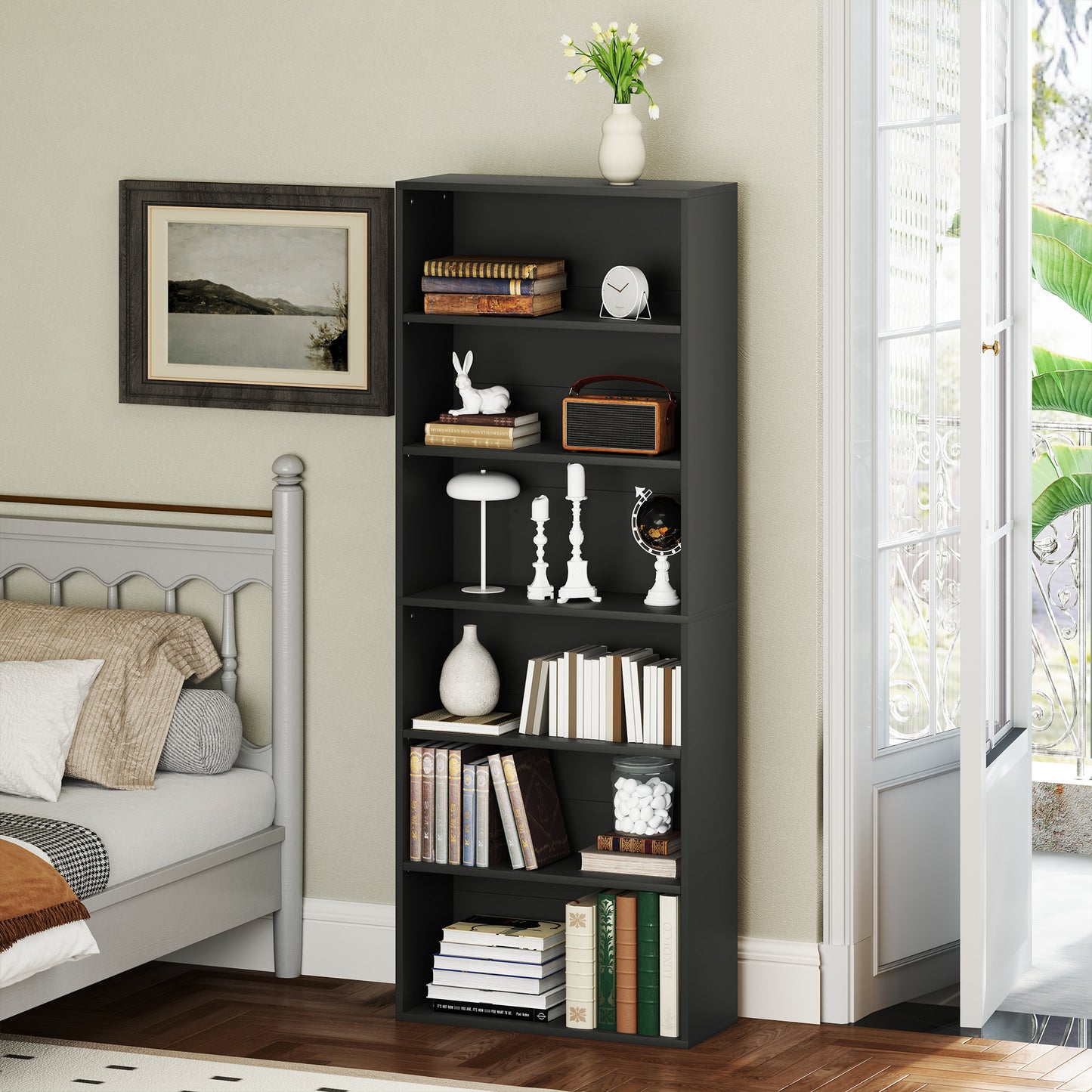 HOMCOM 6 Tier Bookshelf, Freestanding Bookcase with Adjustable Shelves, Storage Unit for Living Room, Bedroom, Study, Black