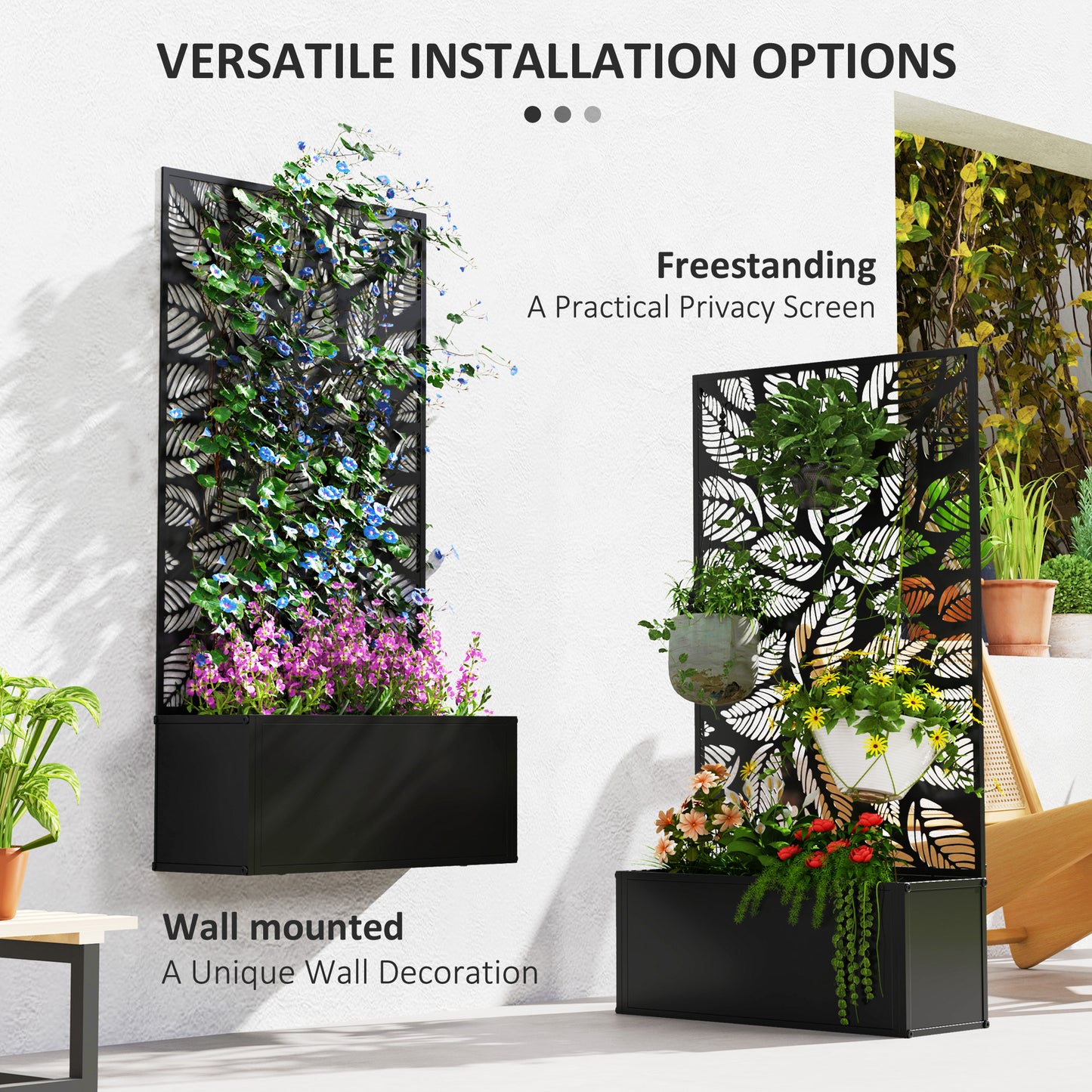 Outsunny Outdoor Metal Planter, with Leaf Back Trellis - Black
